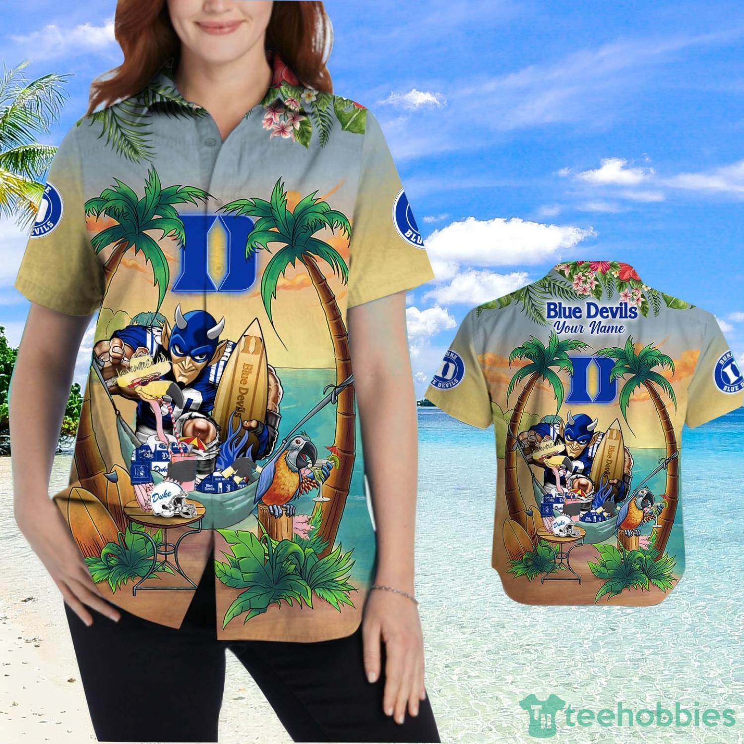 Custom Name Duke Blue Devils With Flamingo Parrot Tropical Beach Coconut Tree Hawaiian Shirt Product Photo 2