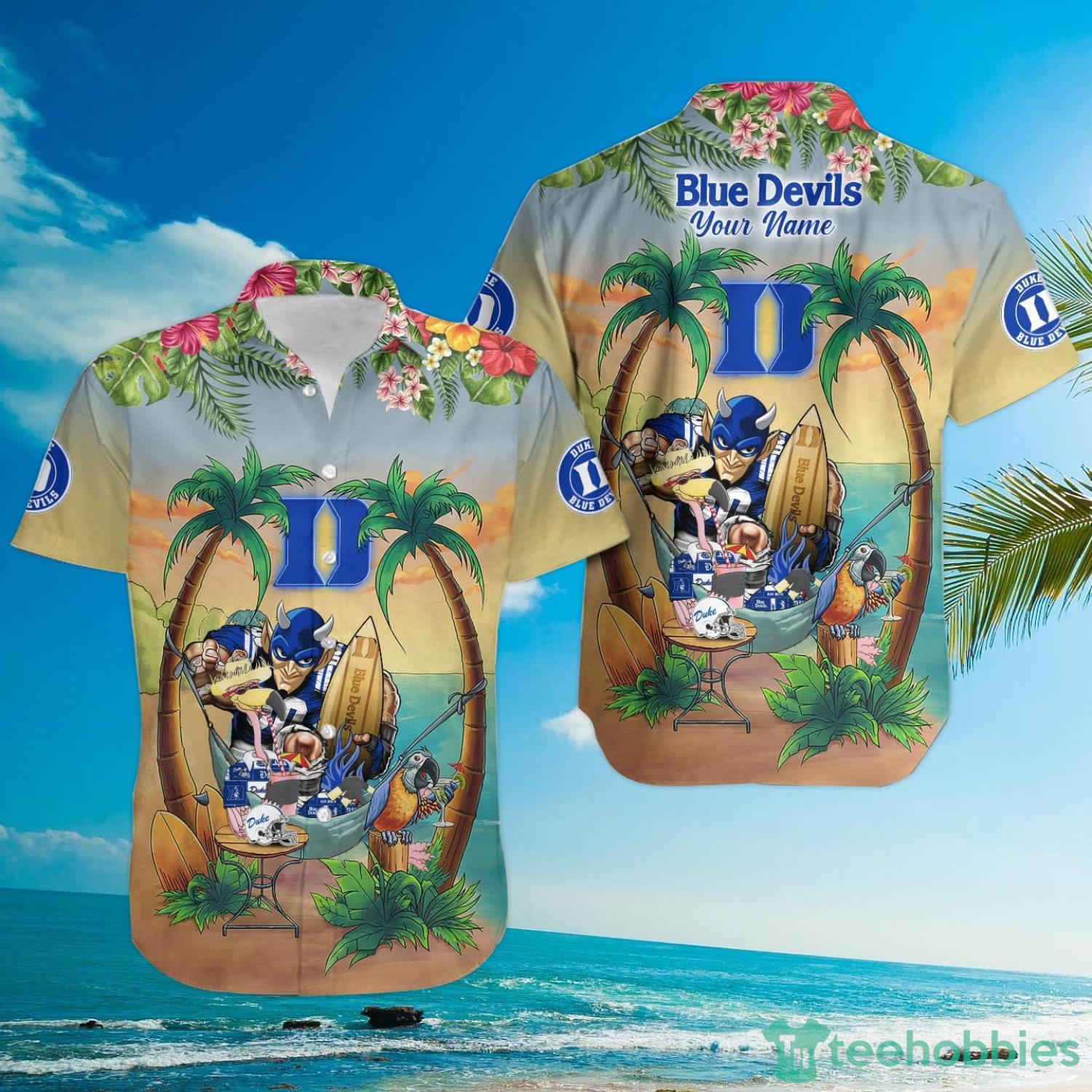 Custom Name Duke Blue Devils With Flamingo Parrot Tropical Beach Coconut Tree Hawaiian Shirt Product Photo 3