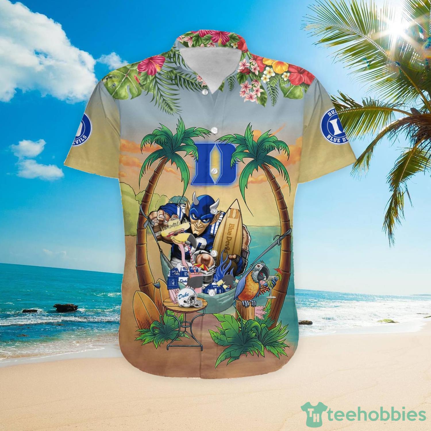 Custom Name Duke Blue Devils With Flamingo Parrot Tropical Beach Coconut Tree Hawaiian Shirt Product Photo 4