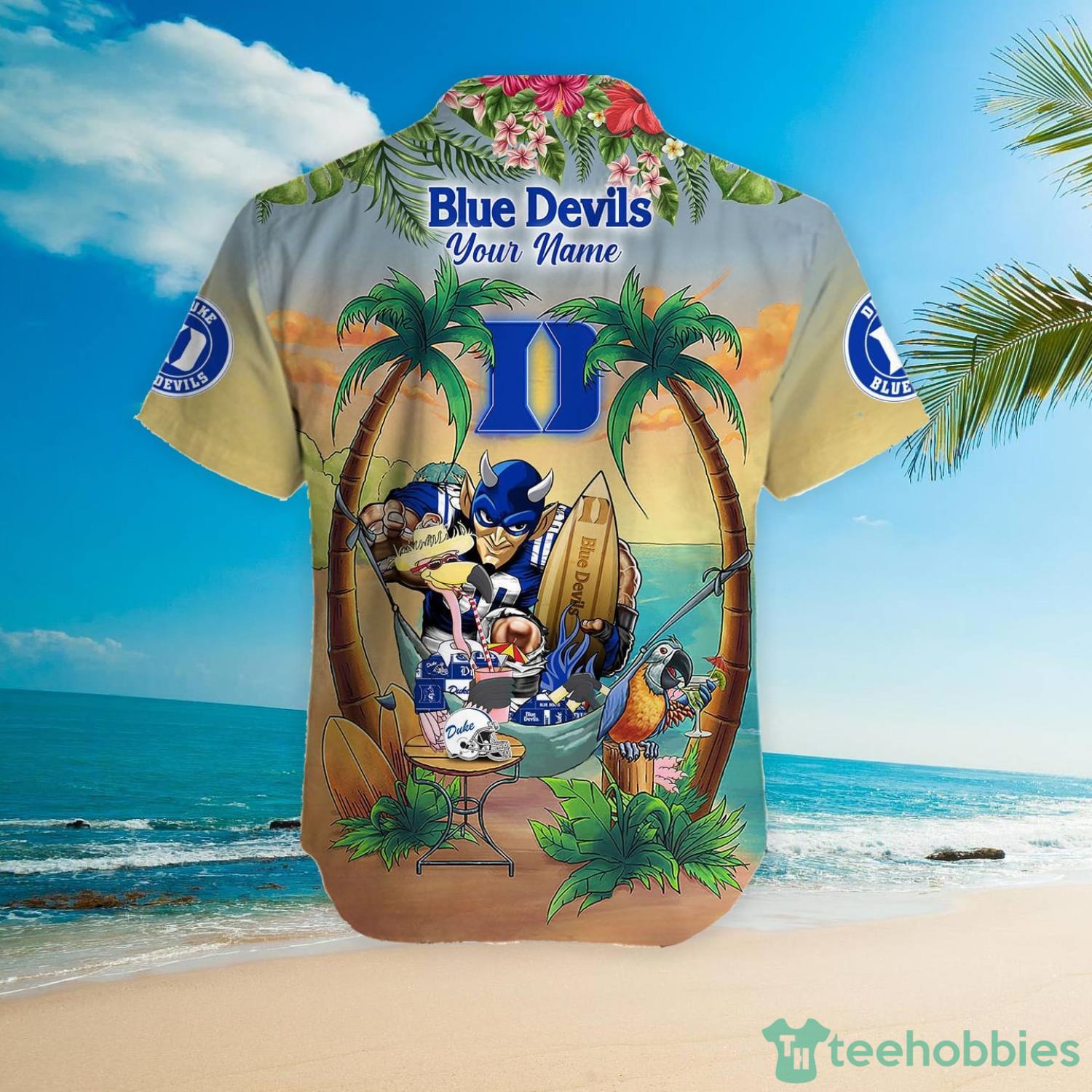 Custom Name Duke Blue Devils With Flamingo Parrot Tropical Beach Coconut Tree Hawaiian Shirt Product Photo 5