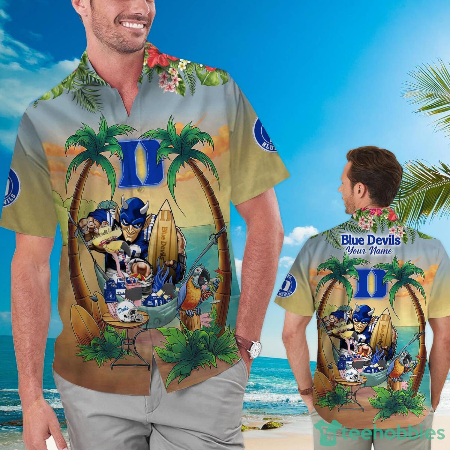 Custom Name Duke Blue Devils With Flamingo Parrot Tropical Beach Coconut Tree Hawaiian Shirt Product Photo 1