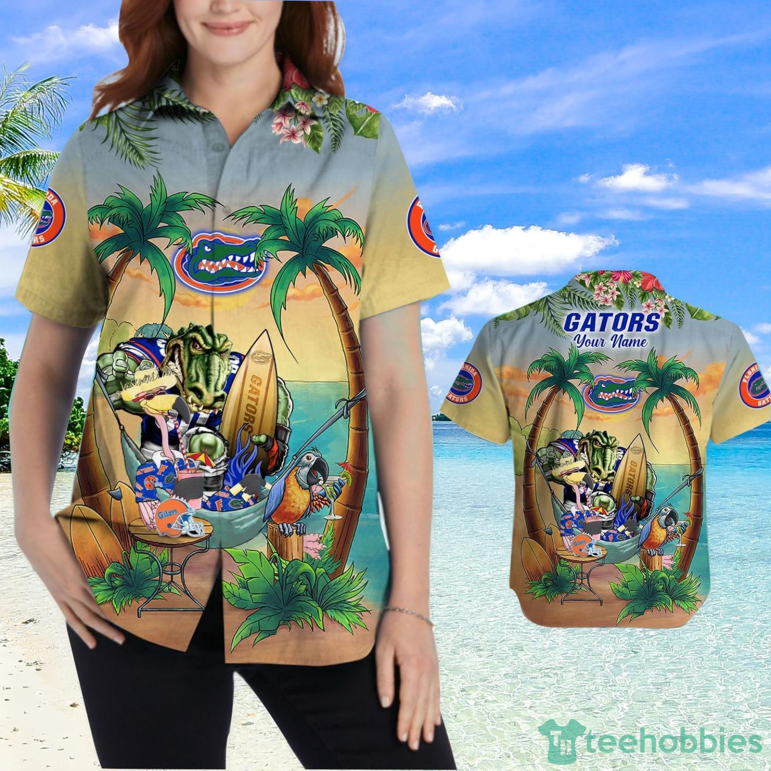 Custom Name Florida Gators With Flamingo Parrot Tropical Beach Coconut Tree Hawaiian Shirt Product Photo 2