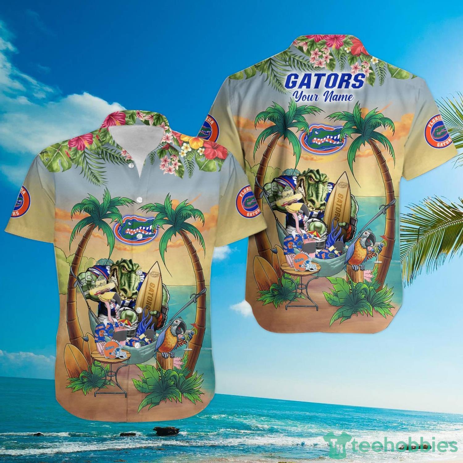 Custom Name Florida Gators With Flamingo Parrot Tropical Beach Coconut Tree Hawaiian Shirt Product Photo 3