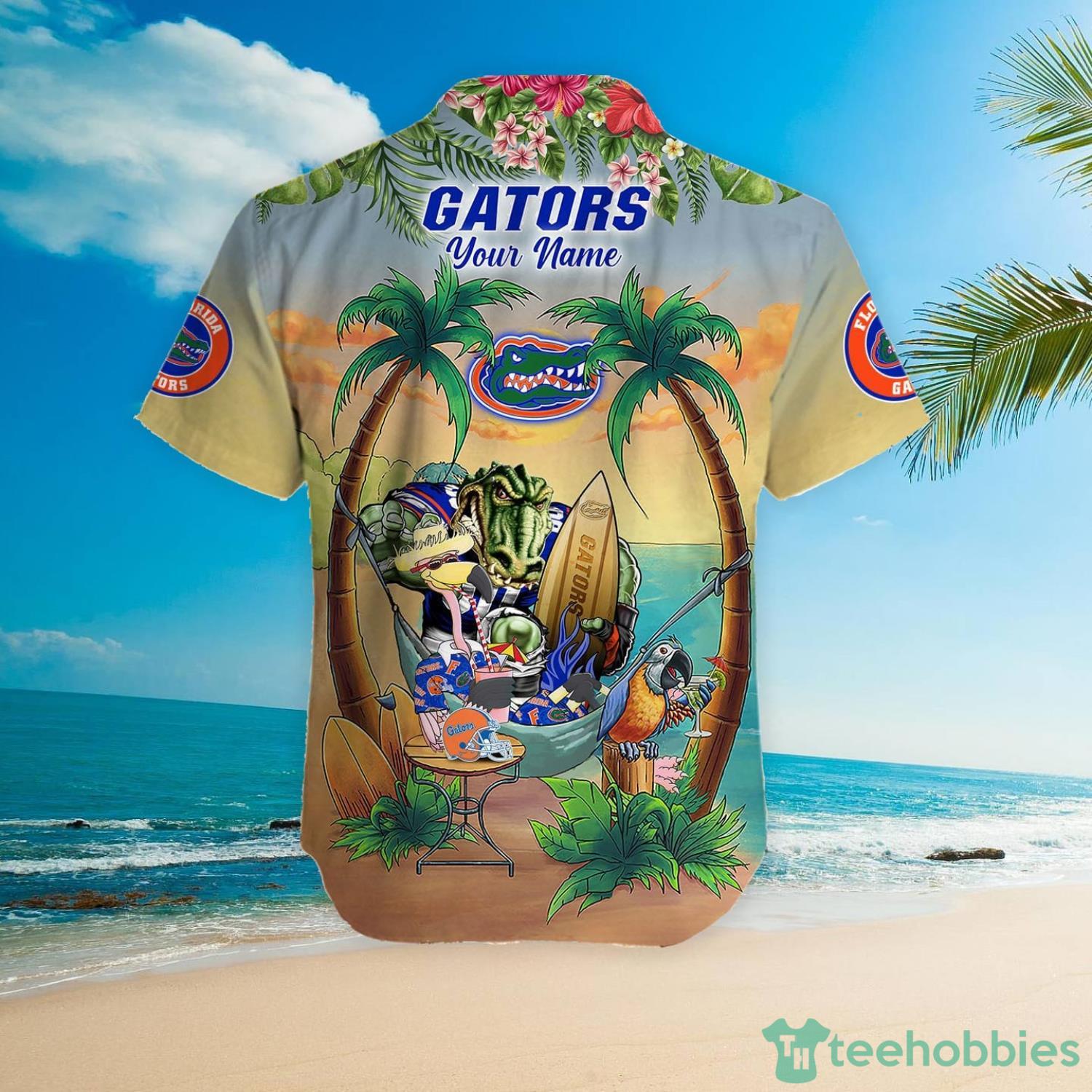 Custom Name Florida Gators With Flamingo Parrot Tropical Beach Coconut Tree Hawaiian Shirt Product Photo 5