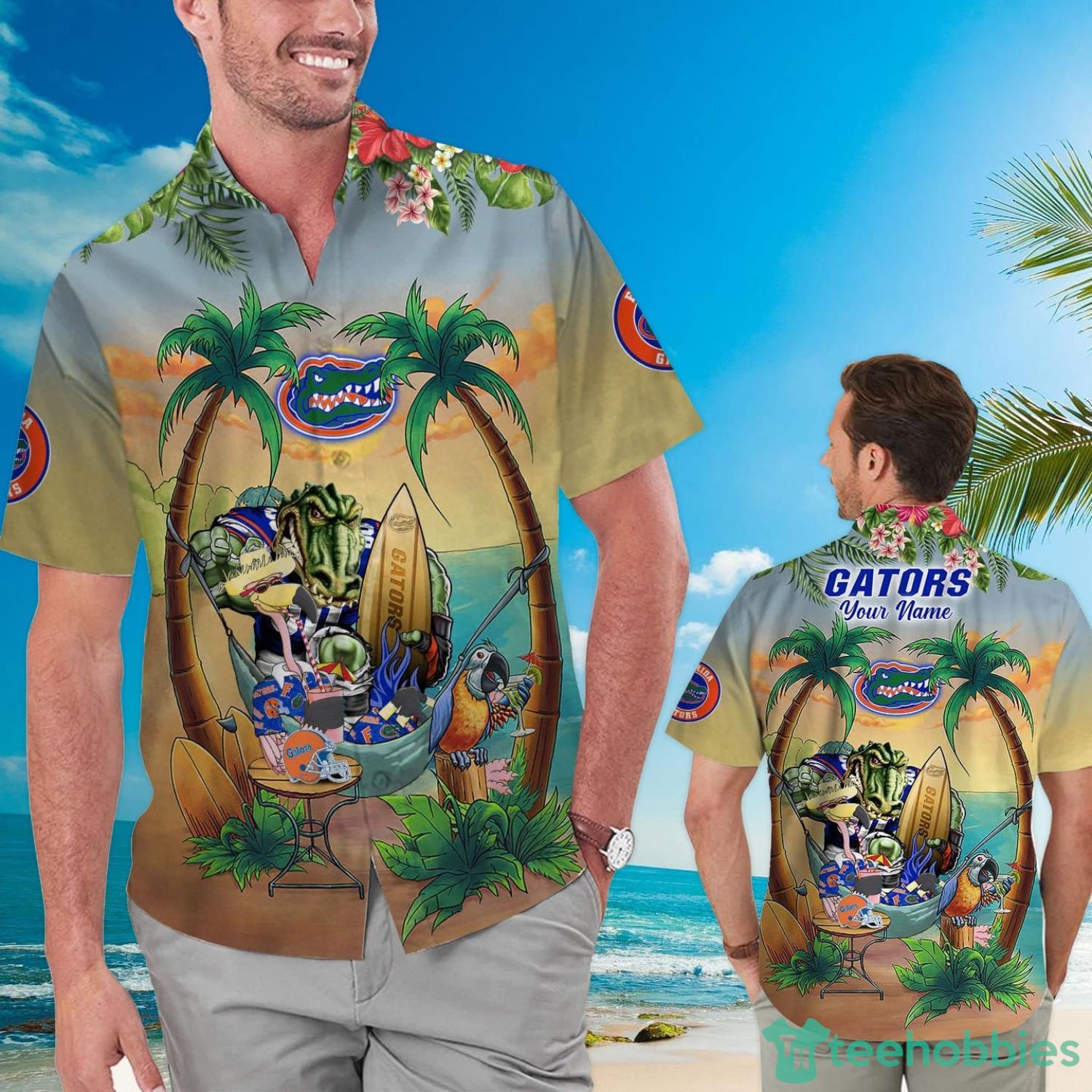 Custom Name Florida Gators With Flamingo Parrot Tropical Beach Coconut Tree Hawaiian Shirt Product Photo 1