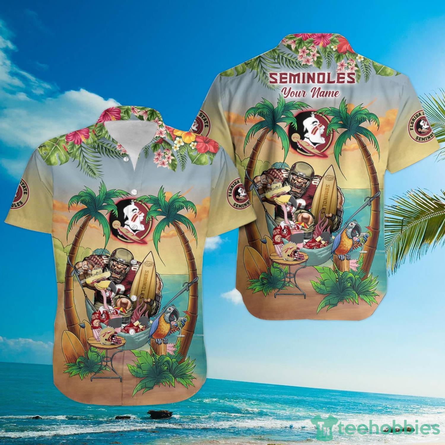 Custom Name Florida State Seminoles With Flamingo Parrot Tropical Beach Coconut Tree Hawaiian Shirt Product Photo 3