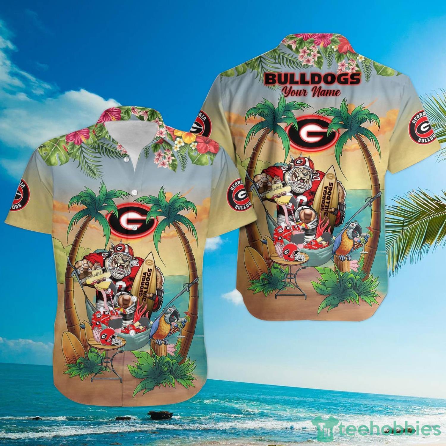 Custom Name Georgia Bulldogs With Flamingo Parrot Tropical Beach Coconut Tree Hawaiian Shirt Product Photo 3