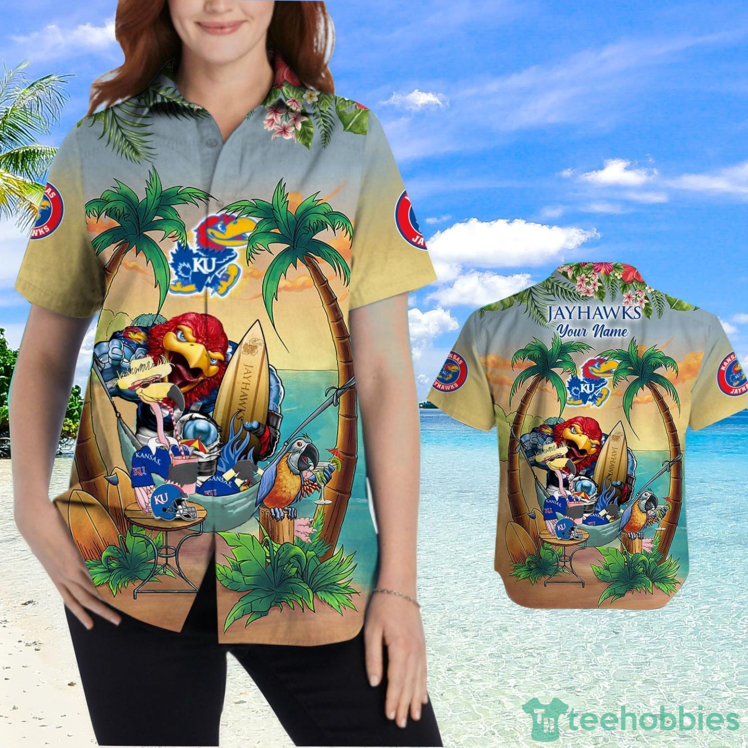 Custom Name Kansas Jayhawks With Flamingo Parrot Tropical Beach Coconut Tree Hawaiian Shirt Product Photo 2