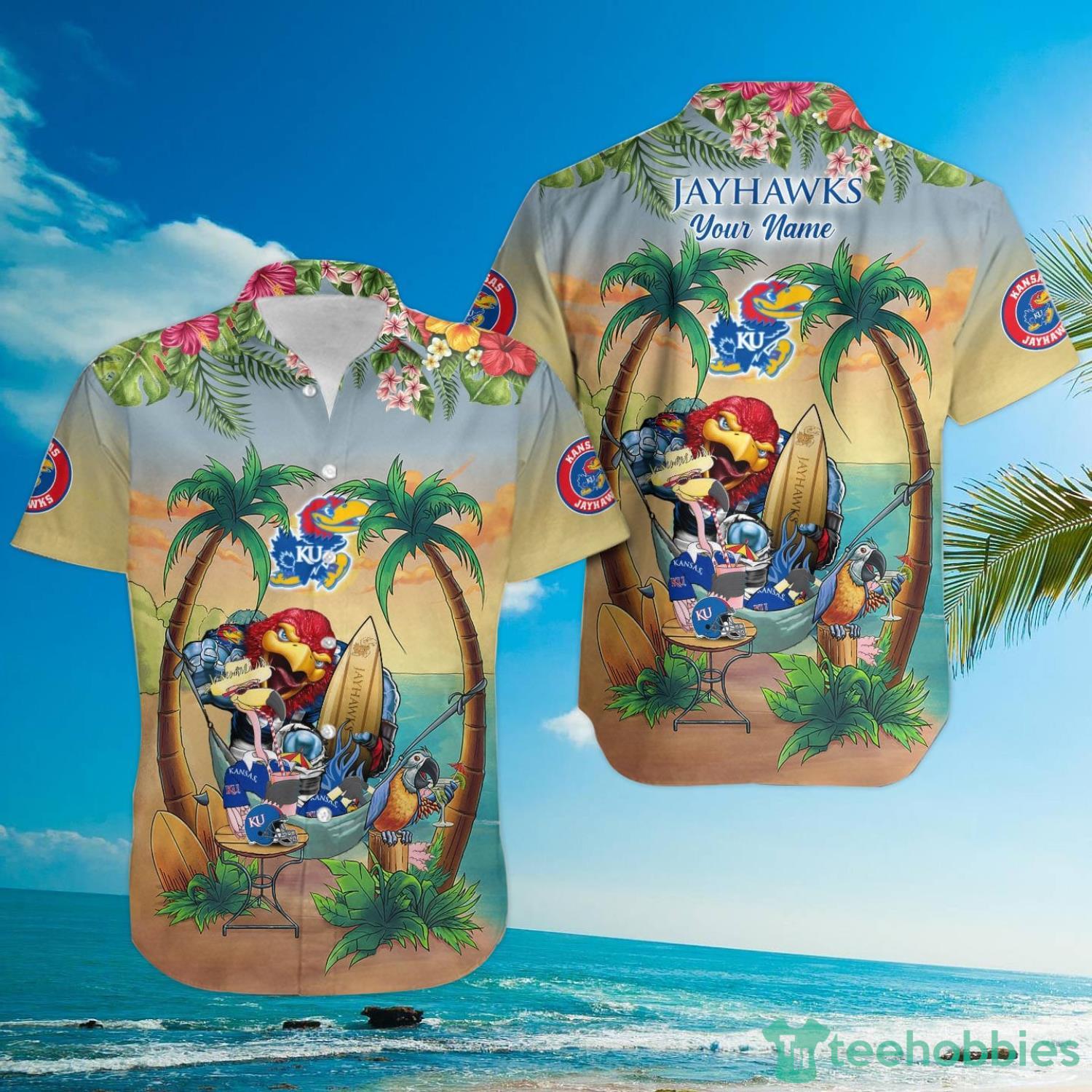 Custom Name Kansas Jayhawks With Flamingo Parrot Tropical Beach Coconut Tree Hawaiian Shirt Product Photo 3