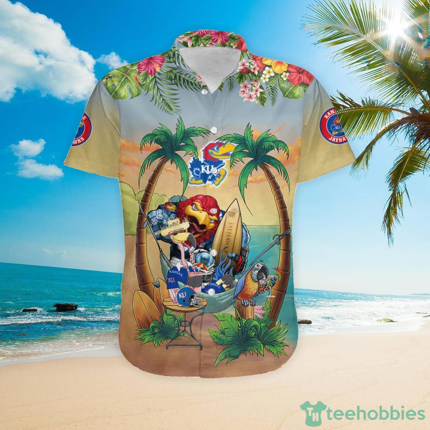 Custom Name Kansas Jayhawks With Flamingo Parrot Tropical Beach Coconut Tree Hawaiian Shirt Product Photo 4