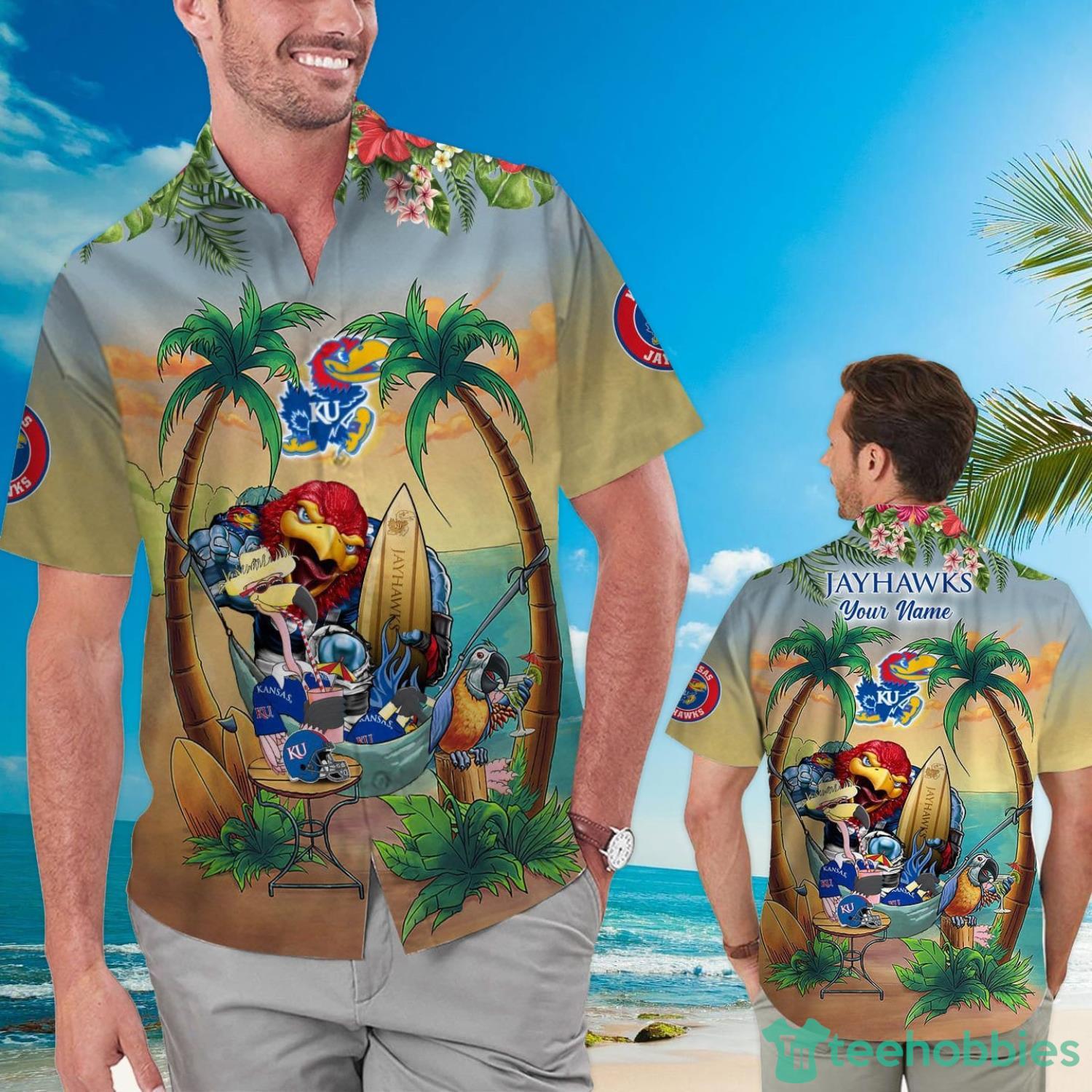 Custom Name Kansas Jayhawks With Flamingo Parrot Tropical Beach Coconut Tree Hawaiian Shirt Product Photo 1