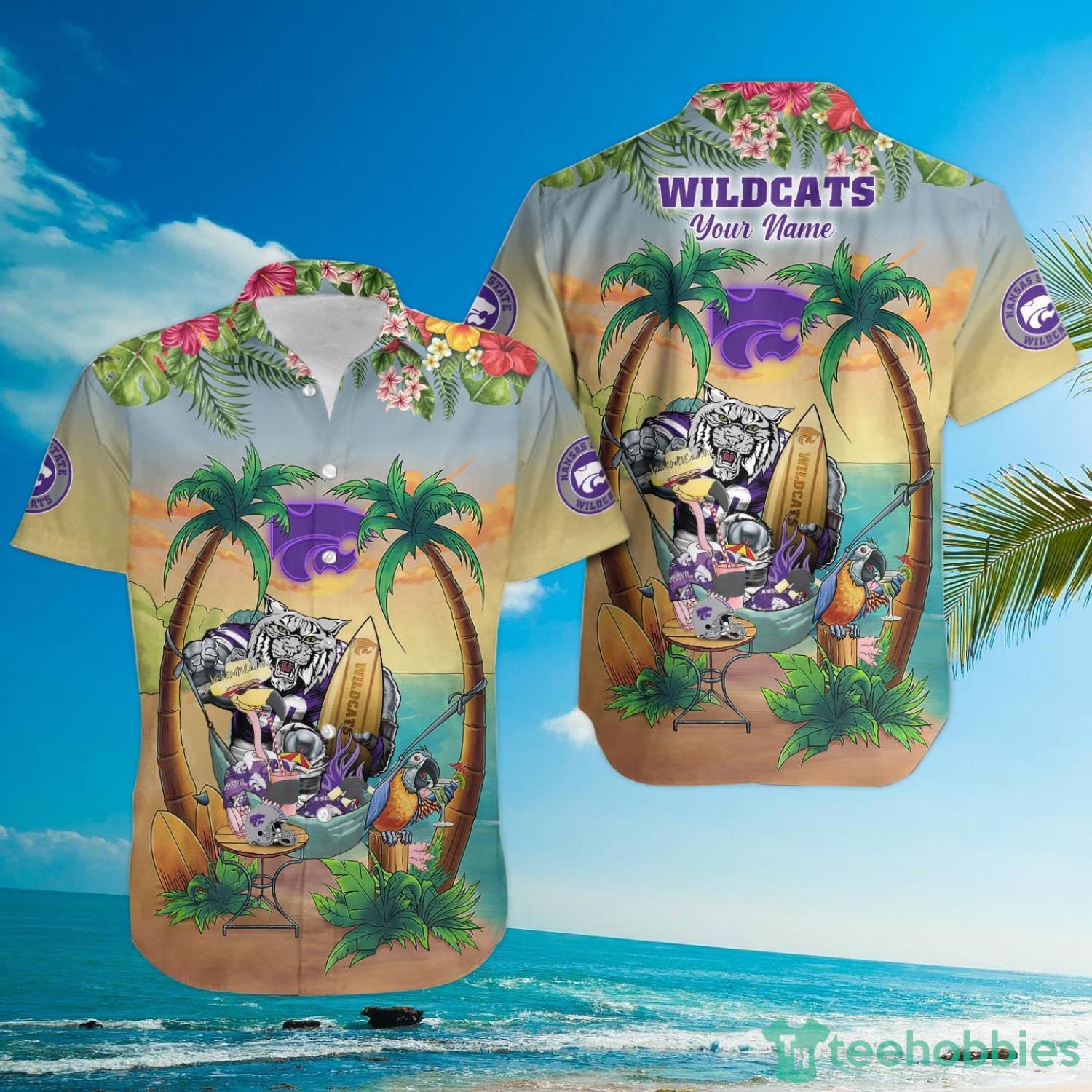 Custom Name Kansas State Wildcats With Flamingo Parrot Tropical Beach Coconut Tree Hawaiian Shirt Product Photo 3