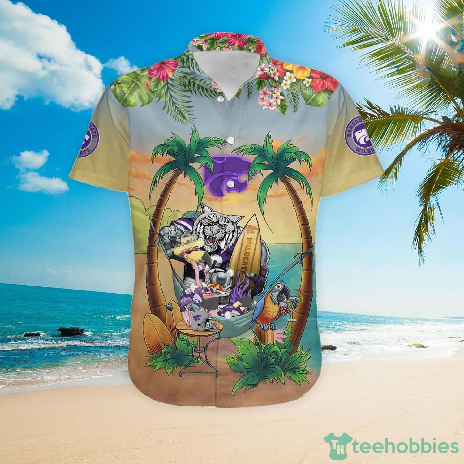 Custom Name Kansas State Wildcats With Flamingo Parrot Tropical Beach Coconut Tree Hawaiian Shirt Product Photo 4