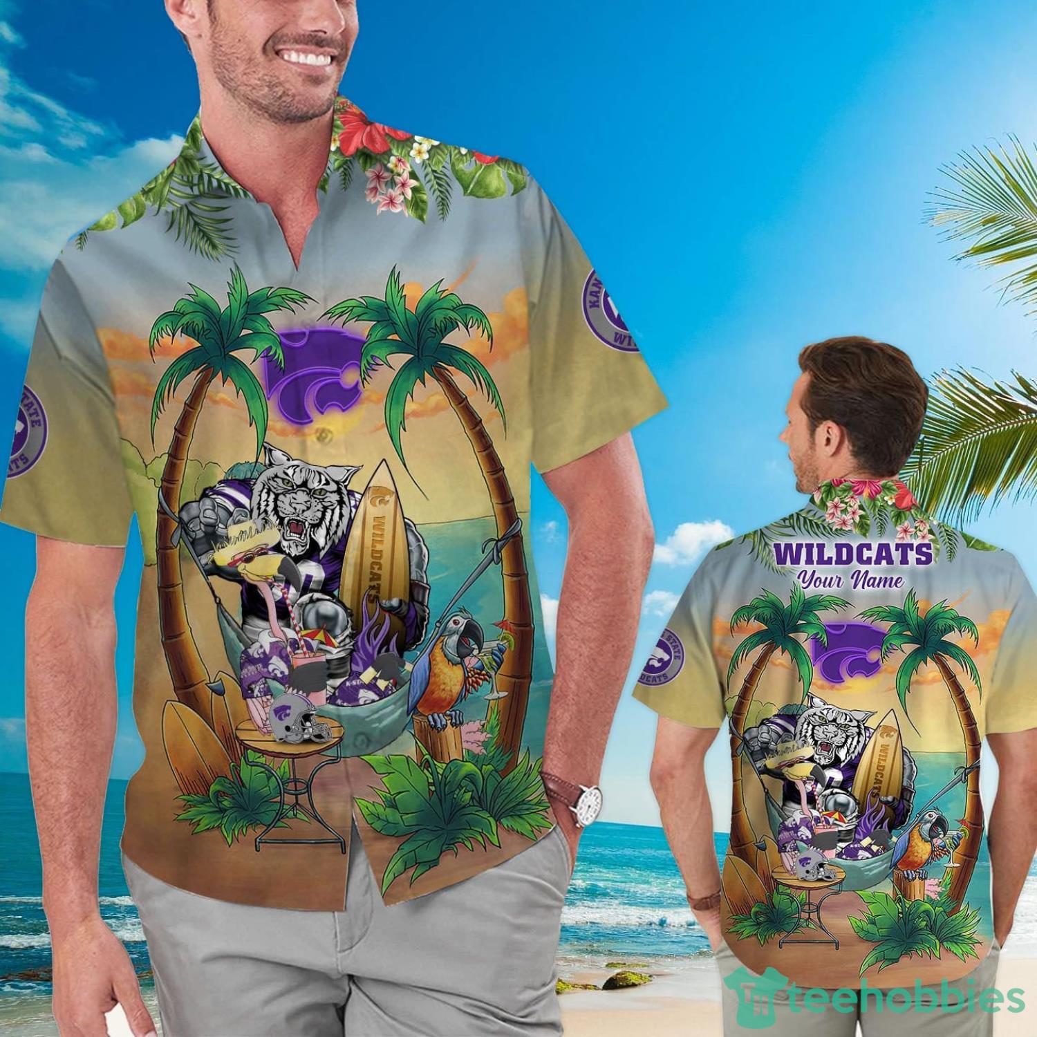 Custom Name Kansas State Wildcats With Flamingo Parrot Tropical Beach Coconut Tree Hawaiian Shirt Product Photo 1