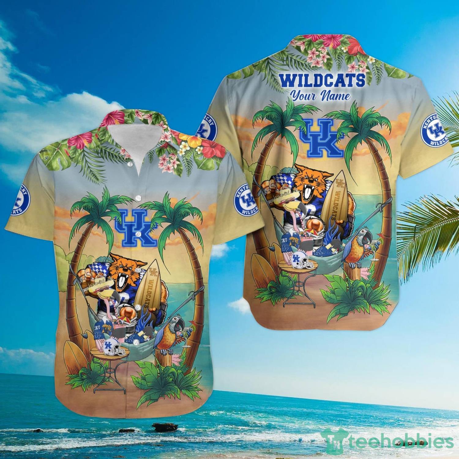 Custom Name Kentucky Wildcats With Flamingo Parrot Tropical Beach Coconut Tree Hawaiian Shirt Product Photo 3
