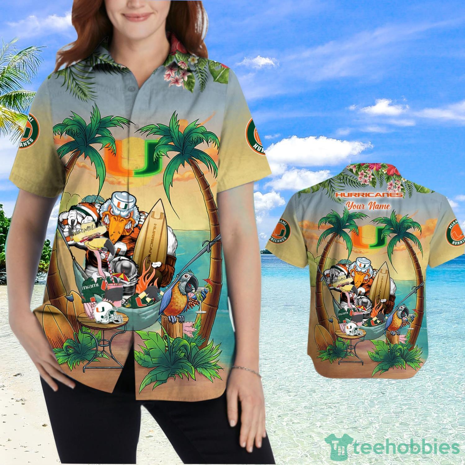 Custom Name Miami Hurricanes With Flamingo Parrot Tropical Beach Coconut Tree Hawaiian Shirt Product Photo 2