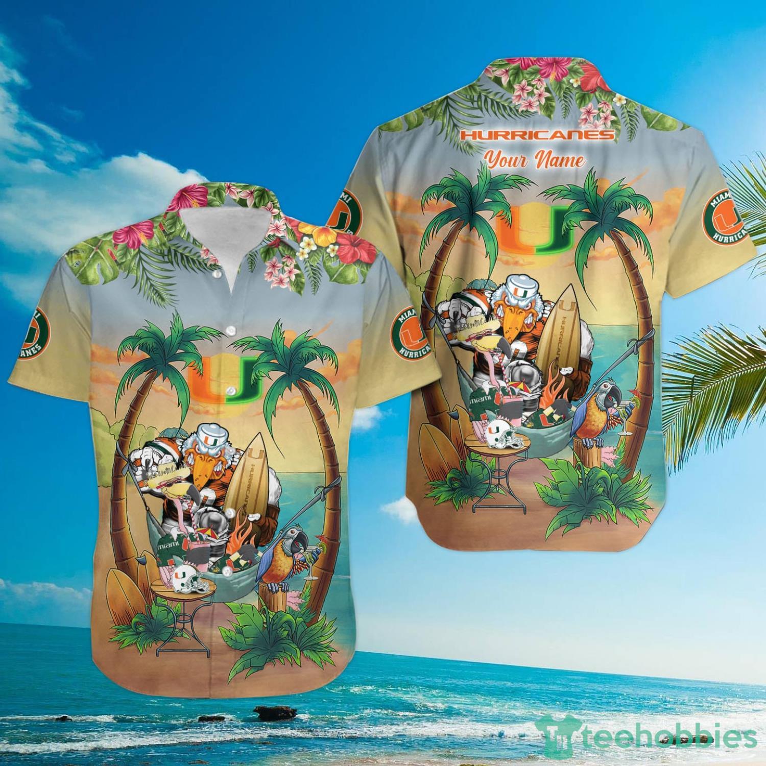 Custom Name Miami Hurricanes With Flamingo Parrot Tropical Beach Coconut Tree Hawaiian Shirt Product Photo 3