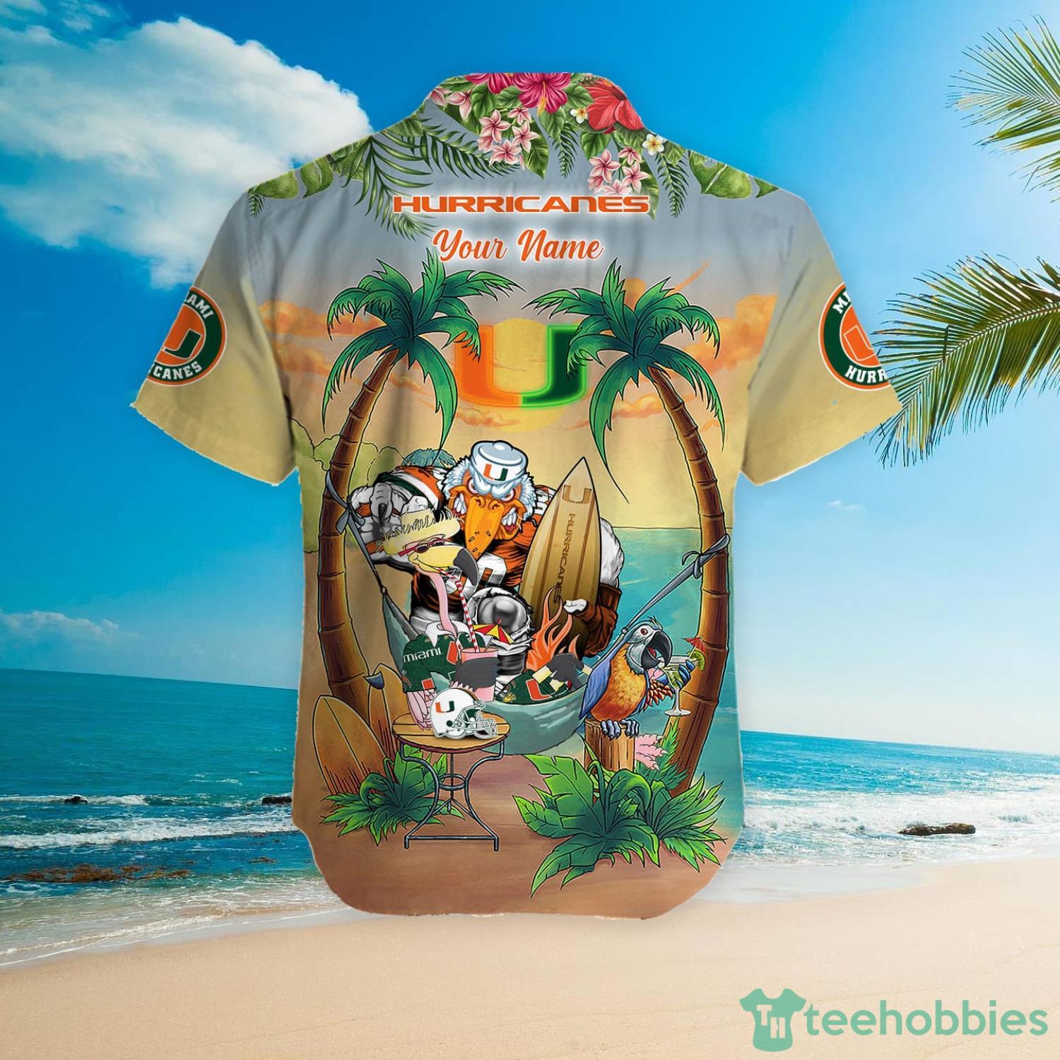Custom Name Miami Hurricanes With Flamingo Parrot Tropical Beach Coconut Tree Hawaiian Shirt Product Photo 5