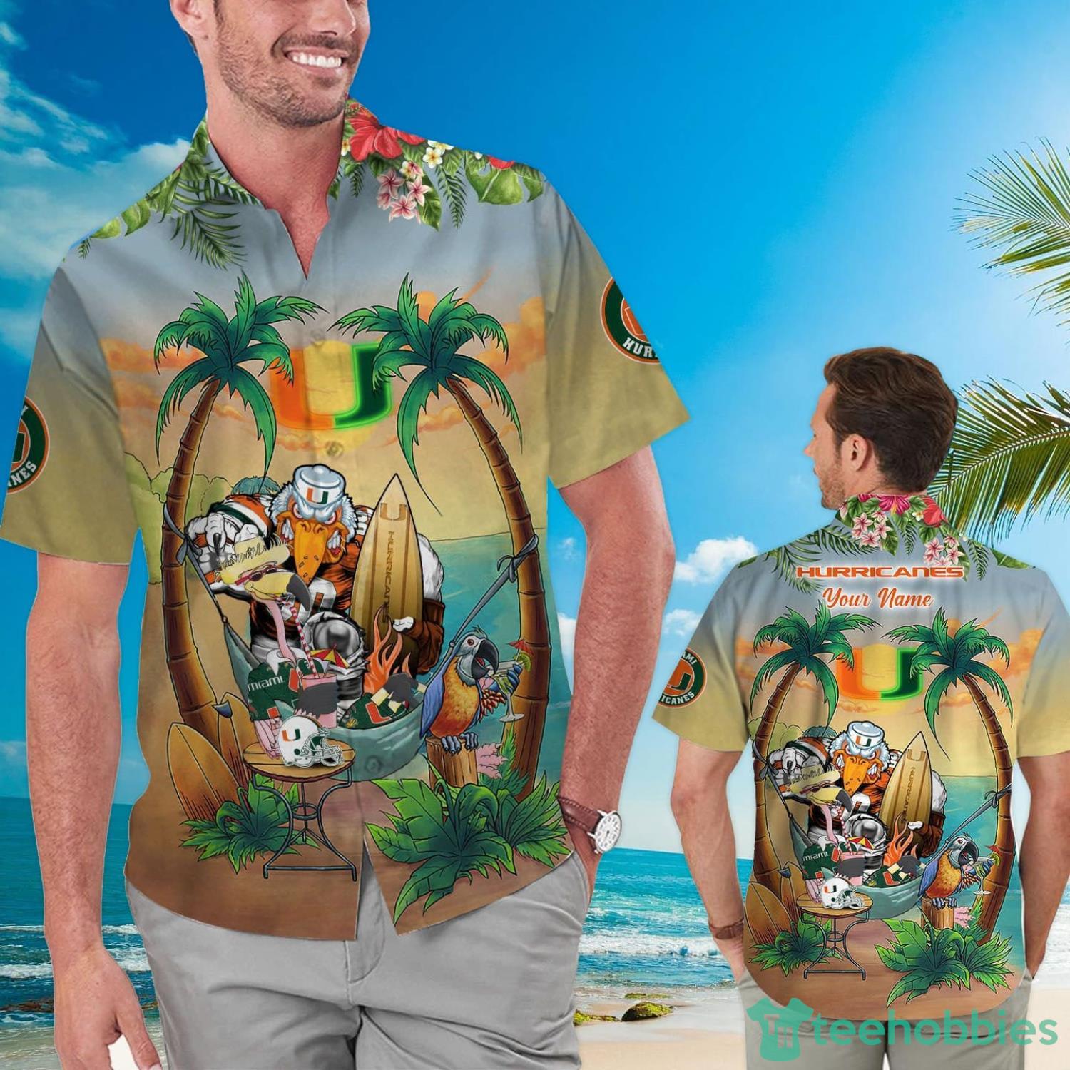 Custom Name Miami Hurricanes With Flamingo Parrot Tropical Beach Coconut Tree Hawaiian Shirt Product Photo 1
