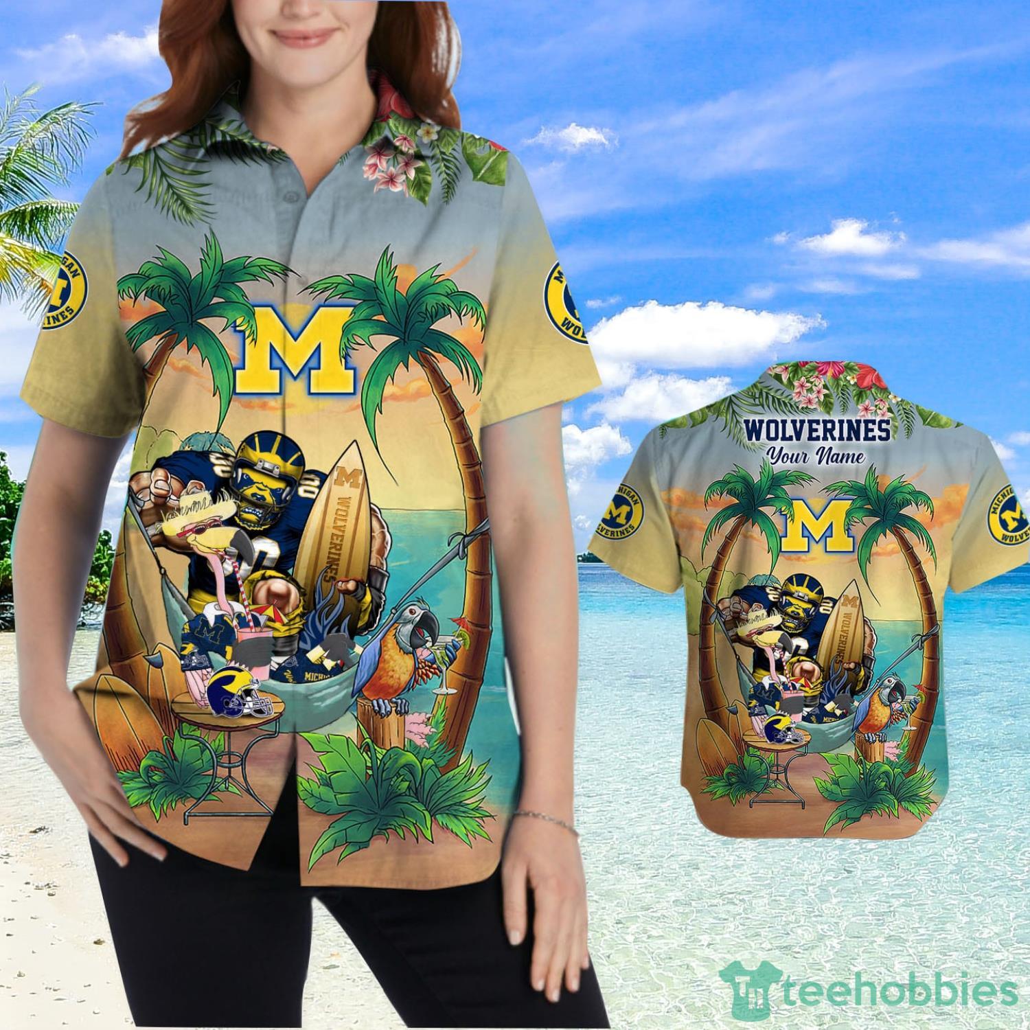 Custom Name Michigan Wolverines With Flamingo Parrot Tropical Beach Coconut Tree Hawaiian Shirt Product Photo 2