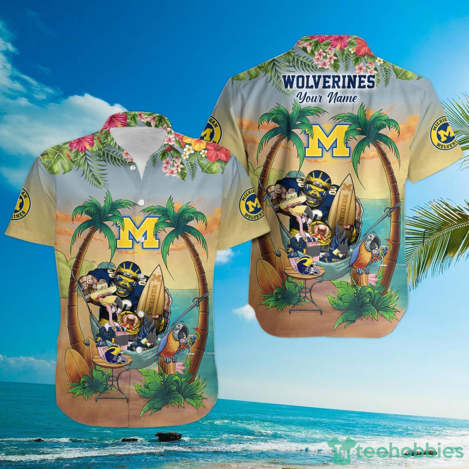 Custom Name Michigan Wolverines With Flamingo Parrot Tropical Beach Coconut Tree Hawaiian Shirt Product Photo 3