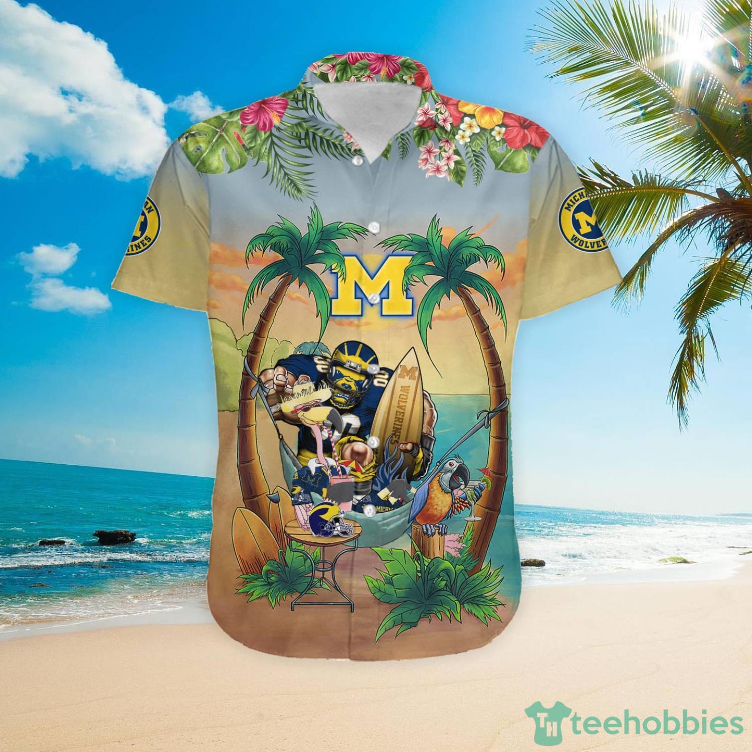 Custom Name Michigan Wolverines With Flamingo Parrot Tropical Beach Coconut Tree Hawaiian Shirt Product Photo 4