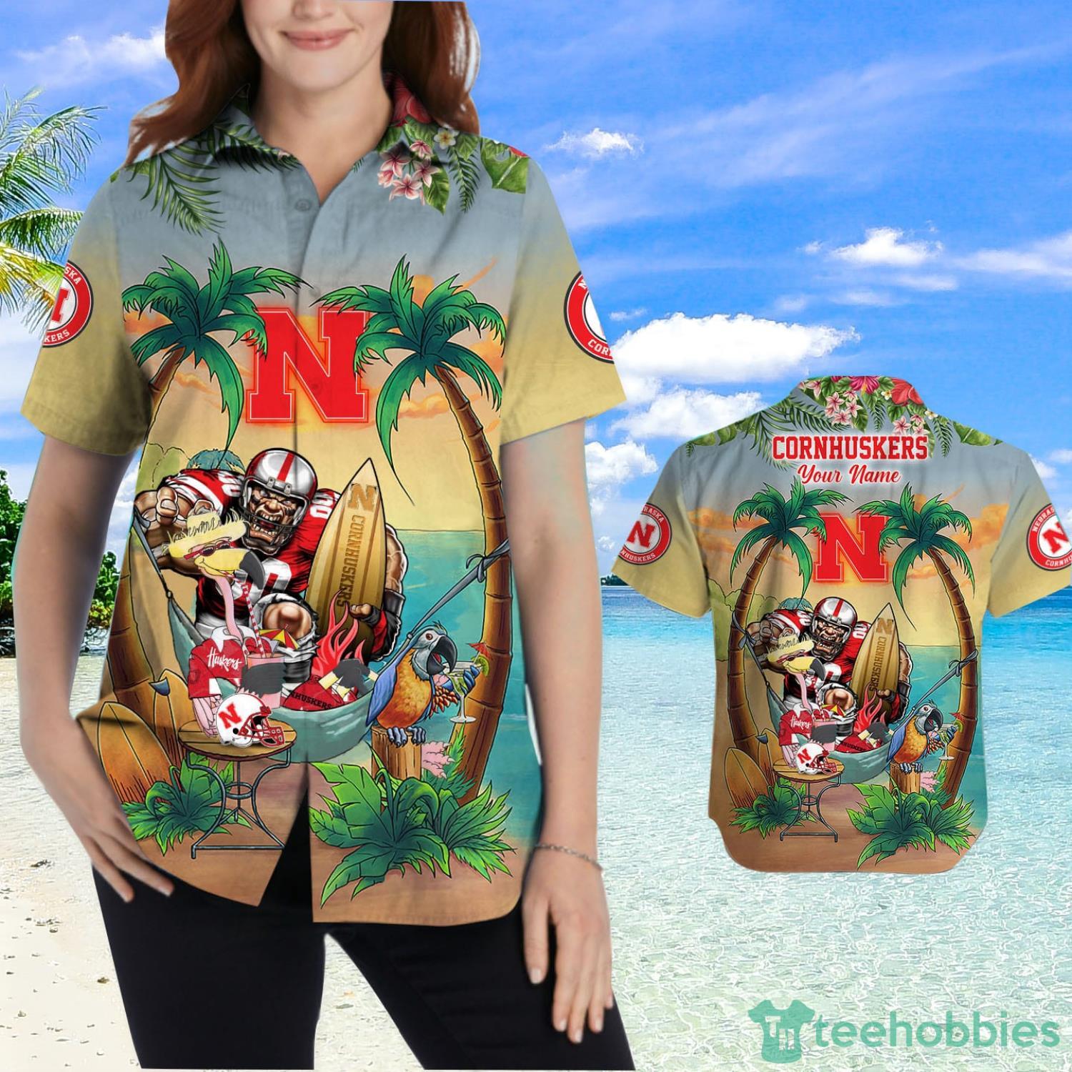 Custom Name Nebraska Cornhuskers With Flamingo Parrot Tropical Beach Coconut Tree Hawaiian Shirt Product Photo 2