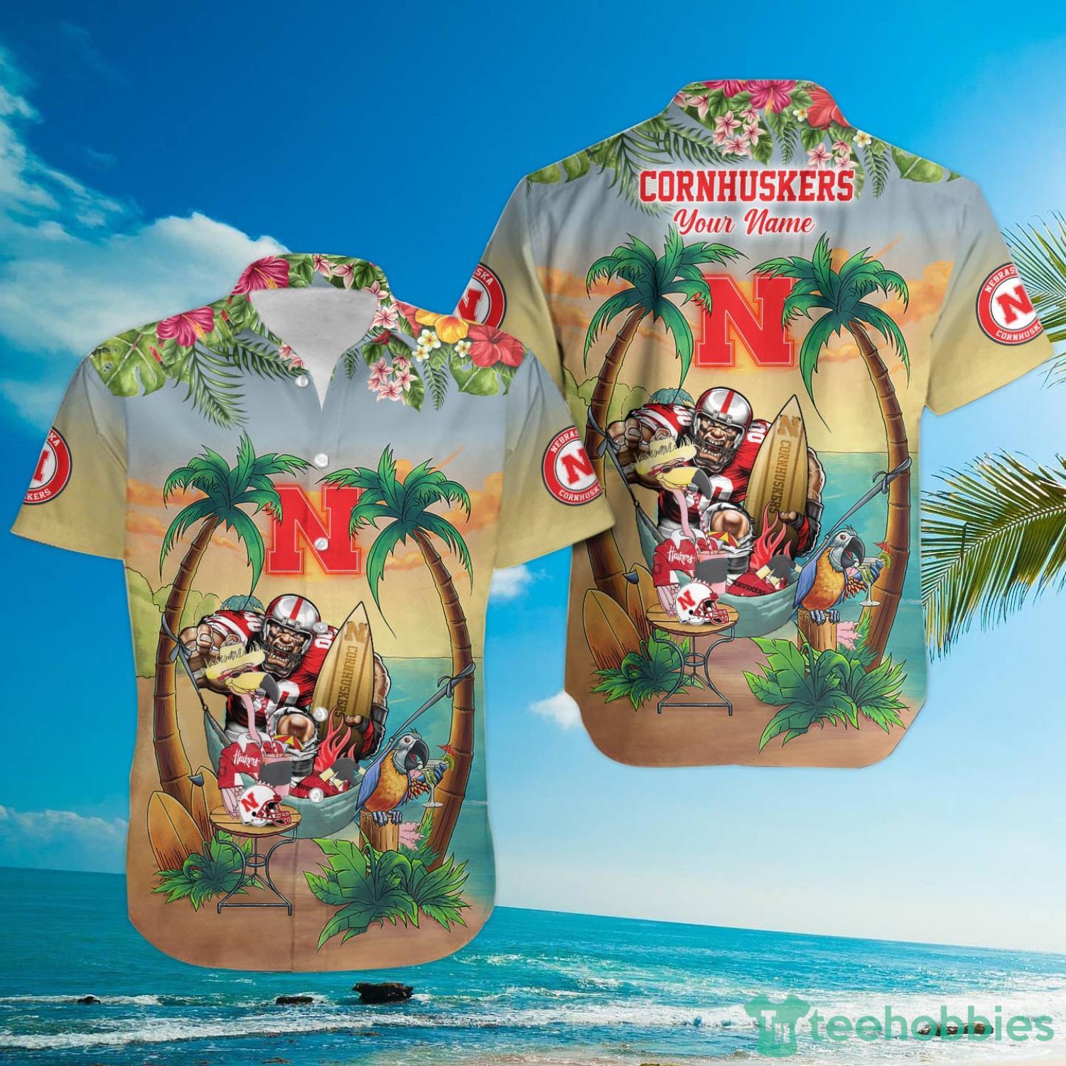 Custom Name Nebraska Cornhuskers With Flamingo Parrot Tropical Beach Coconut Tree Hawaiian Shirt Product Photo 3
