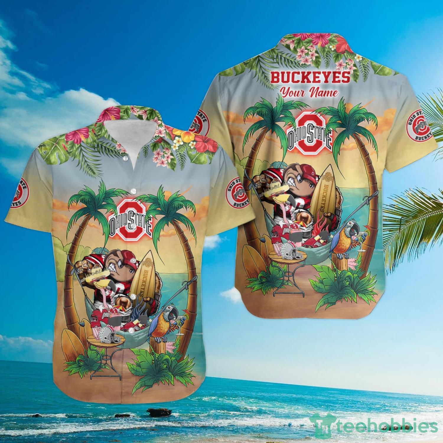 Custom Name Ohio State Buckeyes With Flamingo Parrot Tropical Beach Coconut Tree Hawaiian Shirt Product Photo 3
