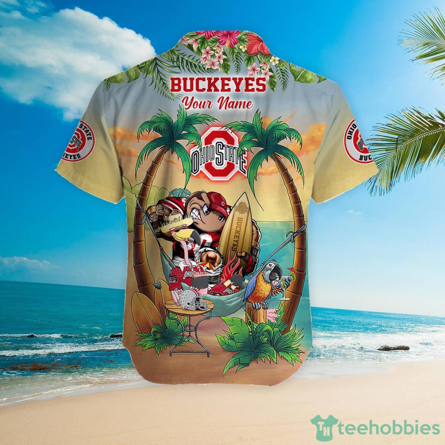 Custom Name Ohio State Buckeyes With Flamingo Parrot Tropical Beach Coconut Tree Hawaiian Shirt Product Photo 5