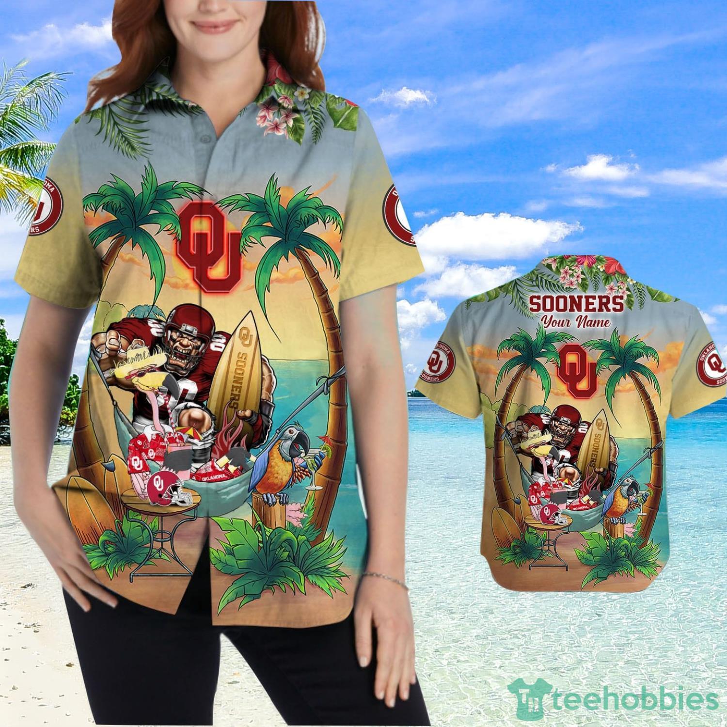Custom Name Oklahoma Sooners With Flamingo Parrot Tropical Beach Coconut Tree Hawaiian Shirt Product Photo 2