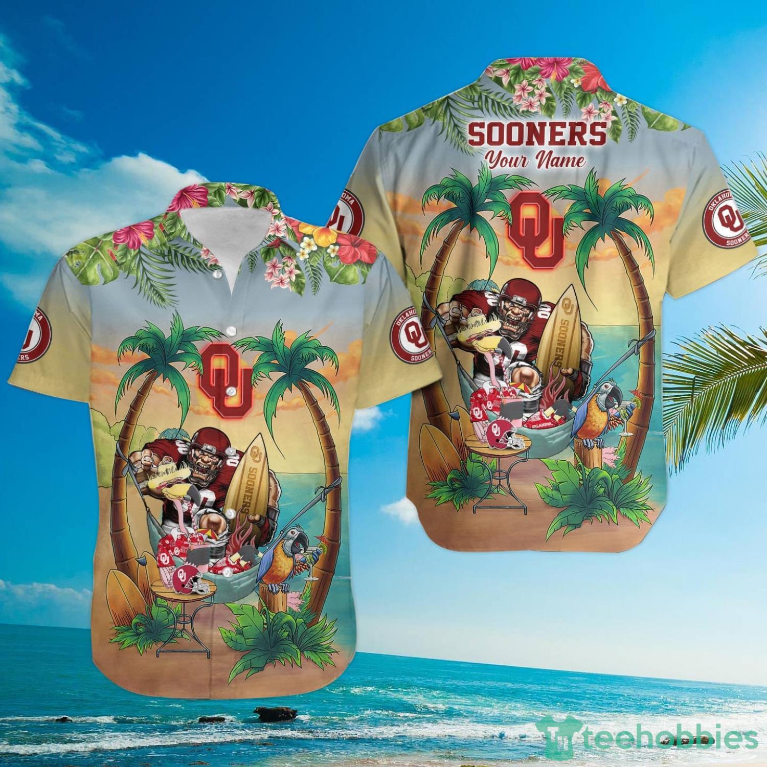 Custom Name Oklahoma Sooners With Flamingo Parrot Tropical Beach Coconut Tree Hawaiian Shirt Product Photo 3