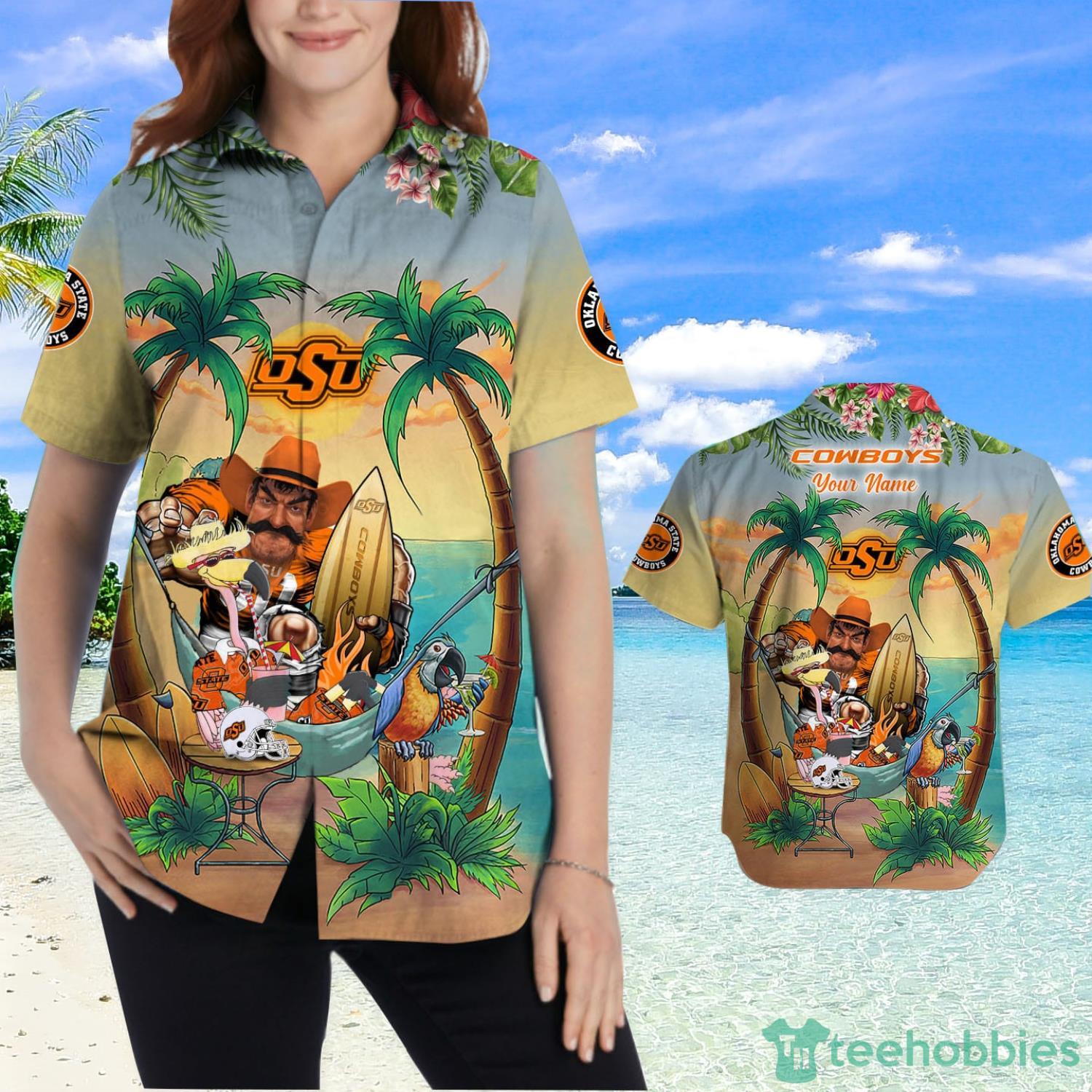 Custom Name Oklahoma State Cowboys With Flamingo Parrot Tropical Beach Coconut Tree Hawaiian Shirt Product Photo 2