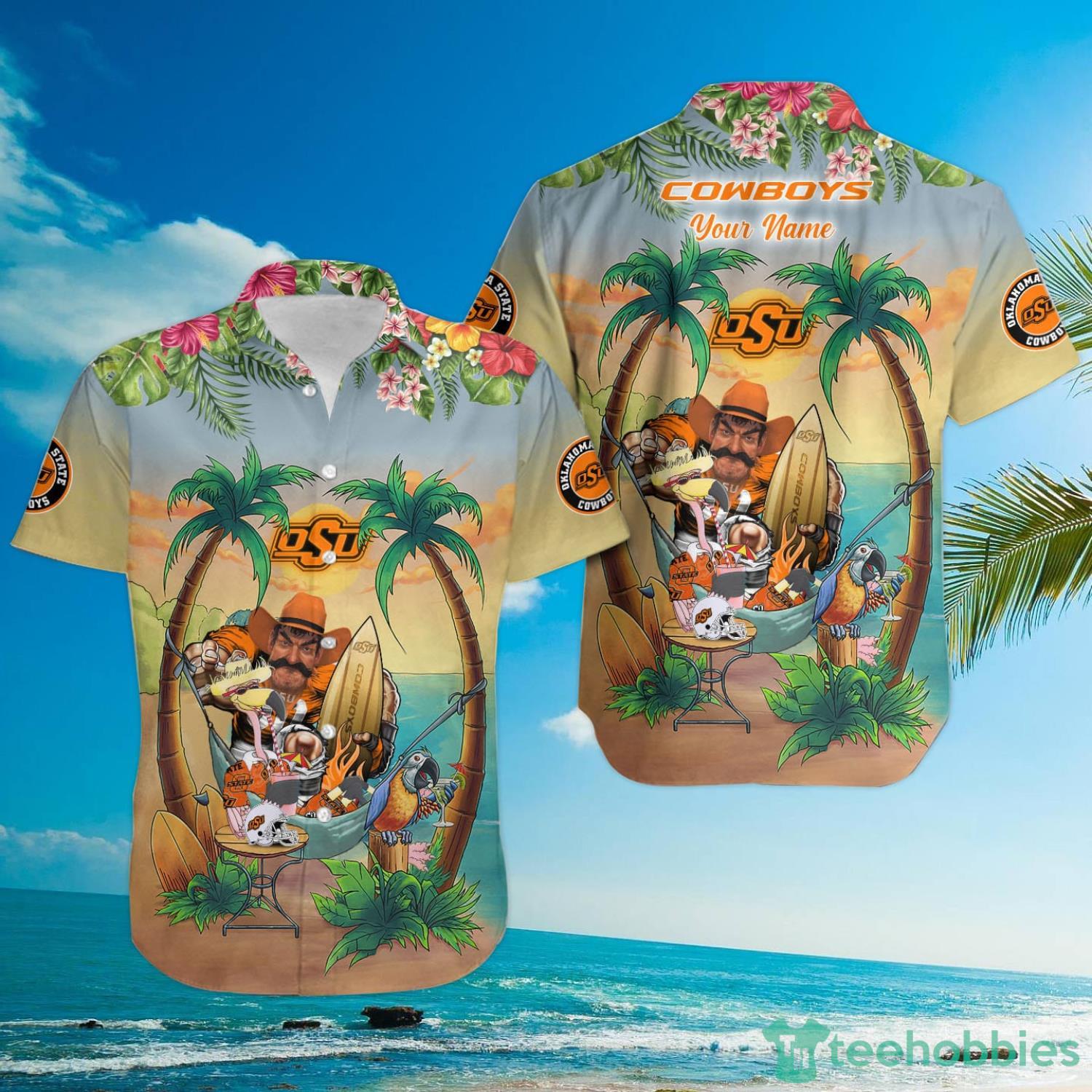 Custom Name Oklahoma State Cowboys With Flamingo Parrot Tropical Beach Coconut Tree Hawaiian Shirt Product Photo 3