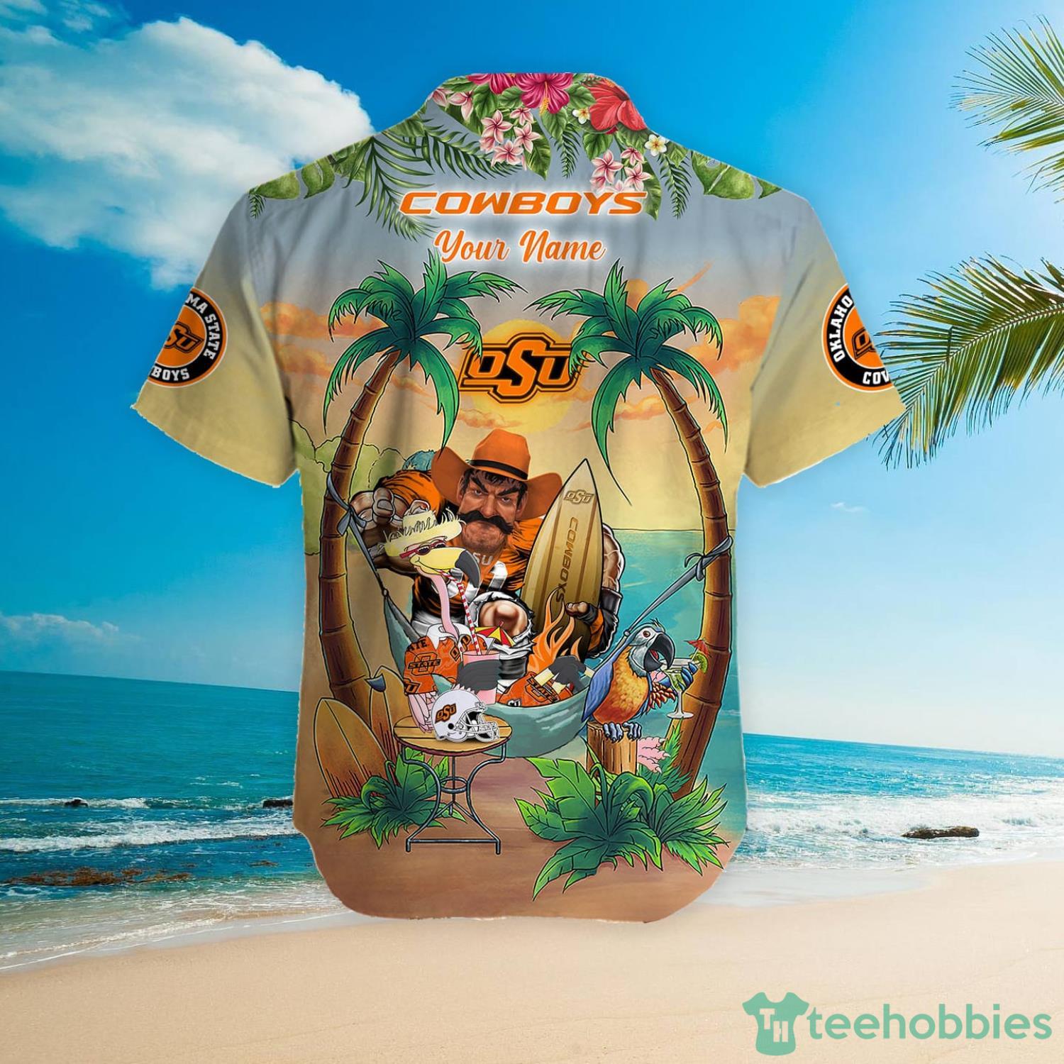 Custom Name Oklahoma State Cowboys With Flamingo Parrot Tropical Beach Coconut Tree Hawaiian Shirt Product Photo 5