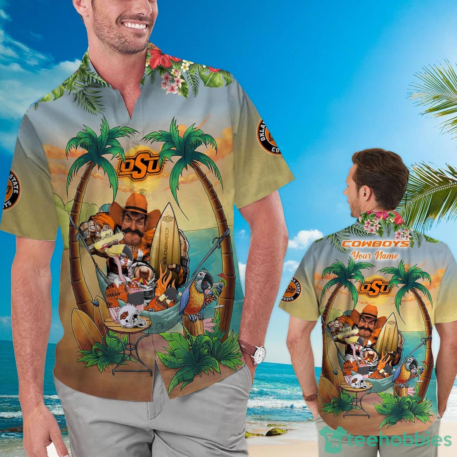 Custom Name Oklahoma State Cowboys With Flamingo Parrot Tropical Beach Coconut Tree Hawaiian Shirt Product Photo 1