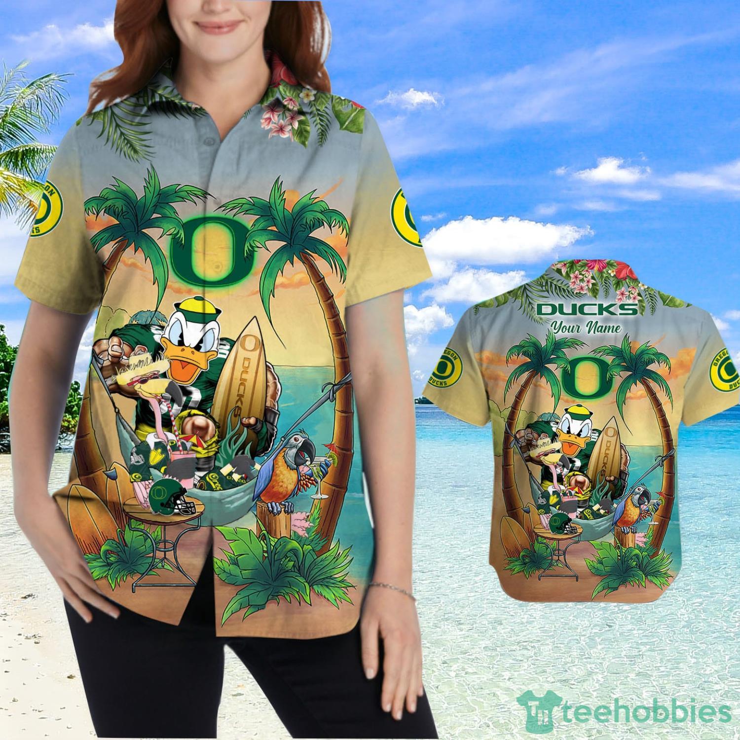 Custom Name Oregon Ducks With Flamingo Parrot Tropical Beach Coconut Tree Hawaiian Shirt Product Photo 2