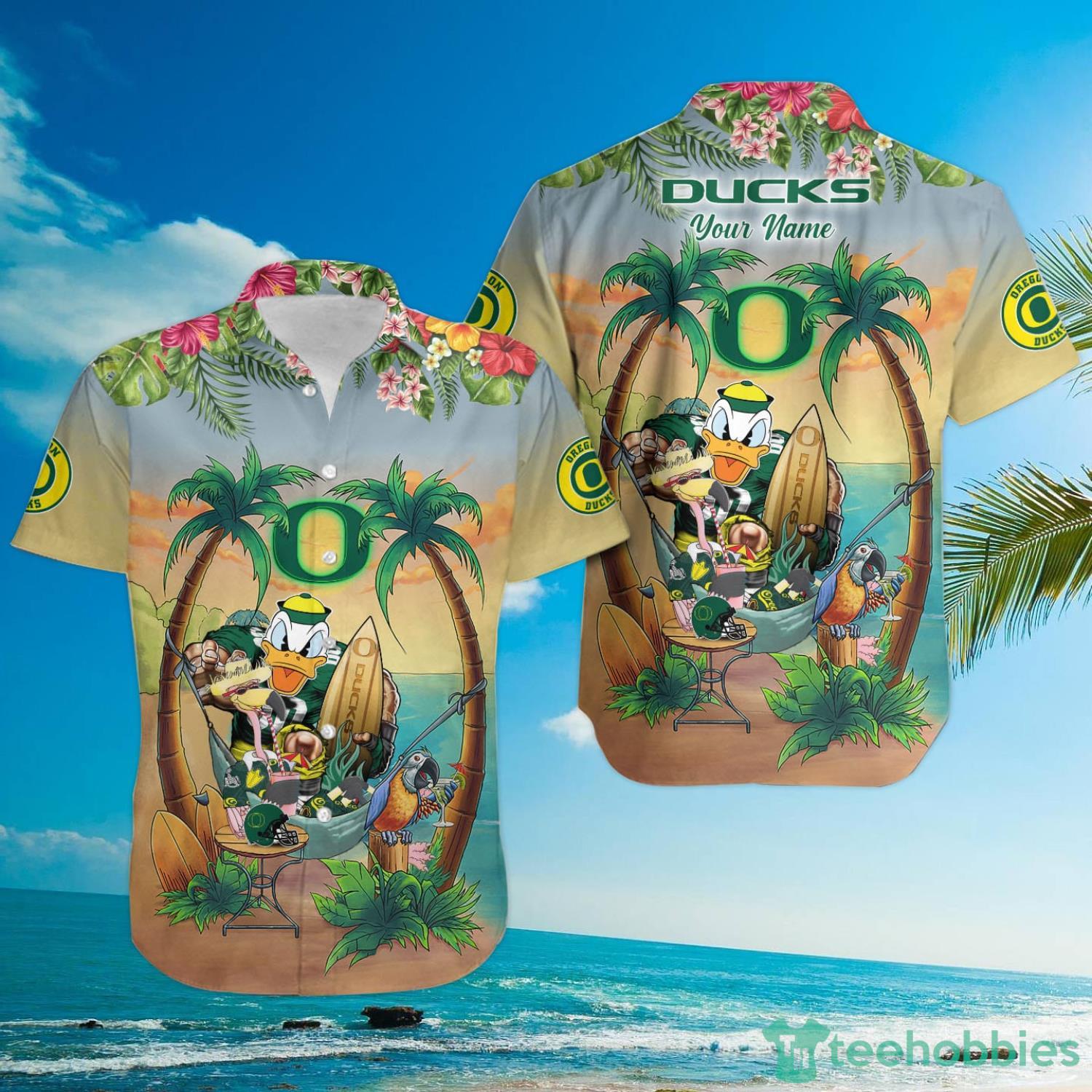 Custom Name Oregon Ducks With Flamingo Parrot Tropical Beach Coconut Tree Hawaiian Shirt Product Photo 3