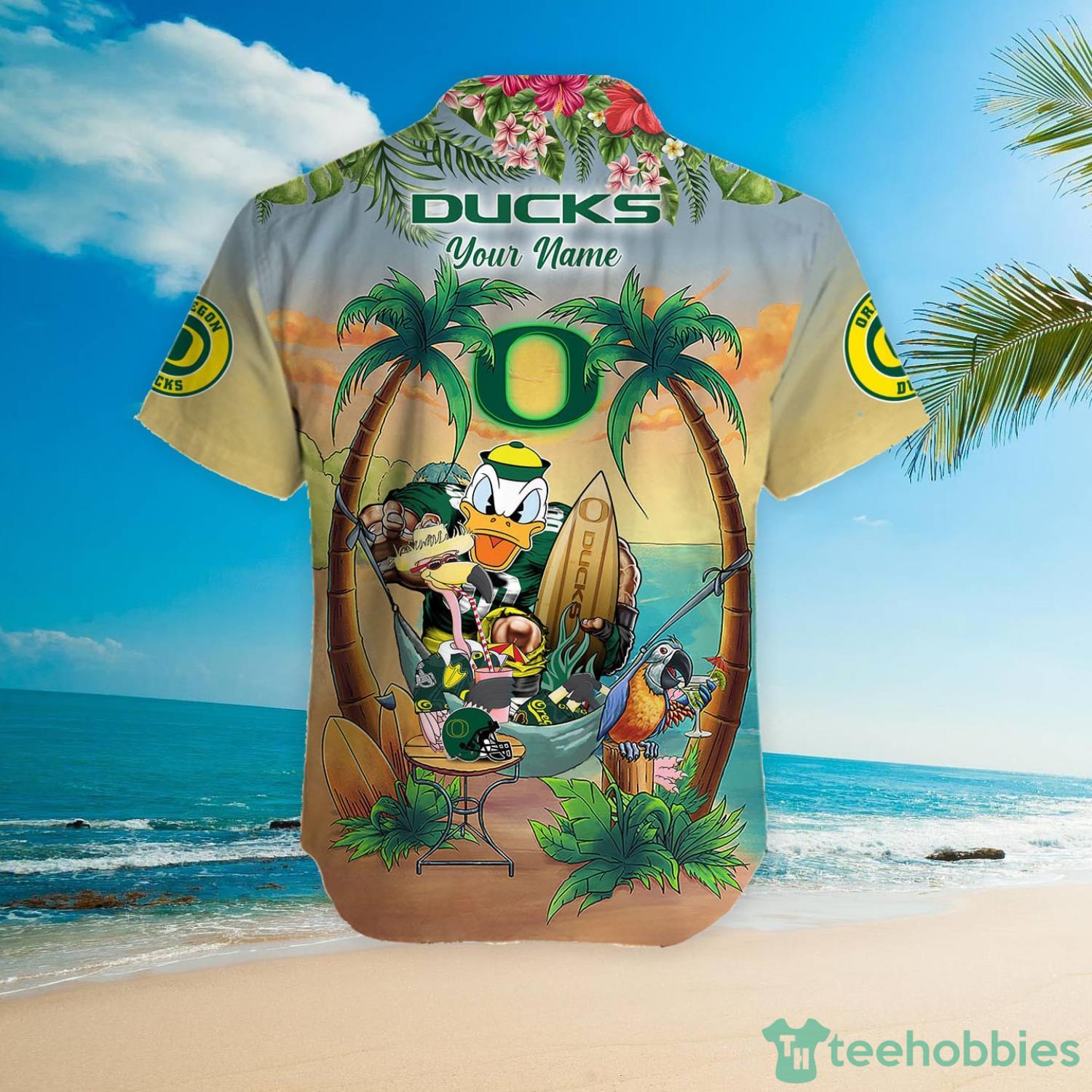 Custom Name Oregon Ducks With Flamingo Parrot Tropical Beach Coconut Tree Hawaiian Shirt Product Photo 5