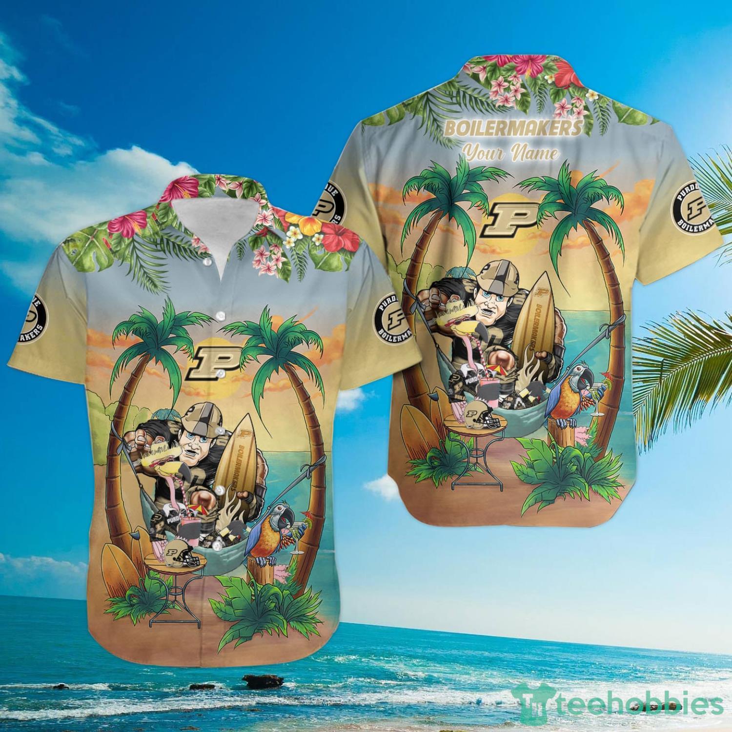 Custom Name Purdue Boilermakers With Flamingo Parrot Tropical Beach Coconut Tree Hawaiian Shirt Product Photo 3