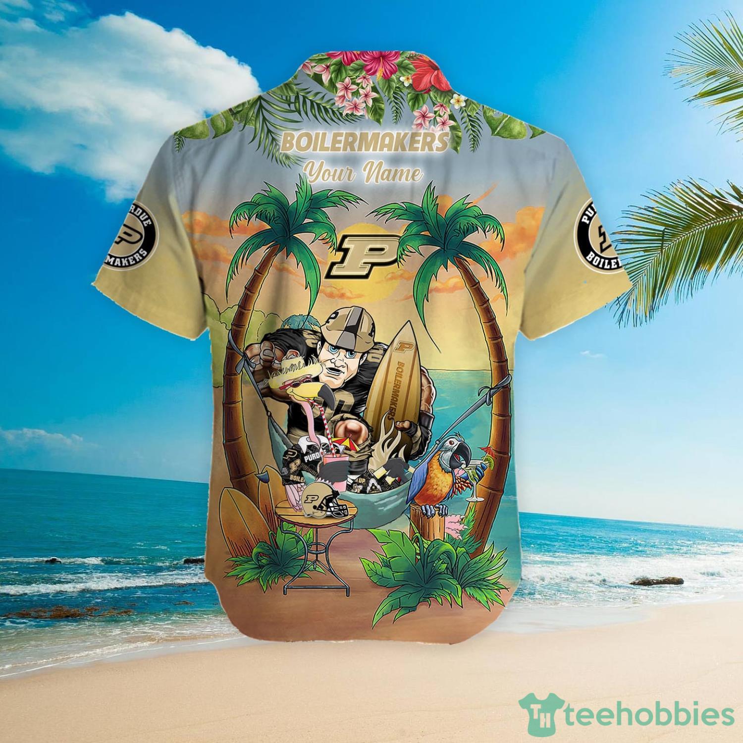 Custom Name Purdue Boilermakers With Flamingo Parrot Tropical Beach Coconut Tree Hawaiian Shirt Product Photo 5