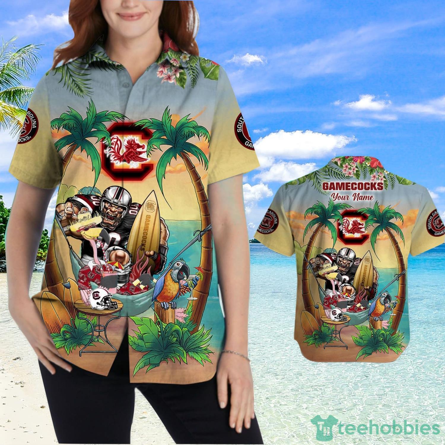 Custom Name South Carolina Gamecocks With Flamingo Parrot Tropical Beach Coconut Tree Hawaiian Shirt Product Photo 2