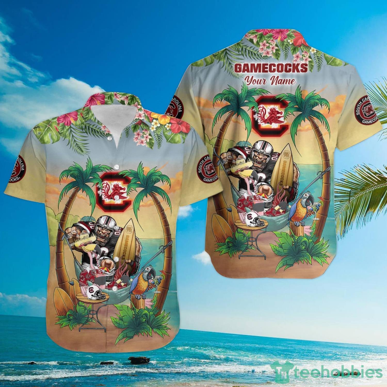 Custom Name South Carolina Gamecocks With Flamingo Parrot Tropical Beach Coconut Tree Hawaiian Shirt Product Photo 3