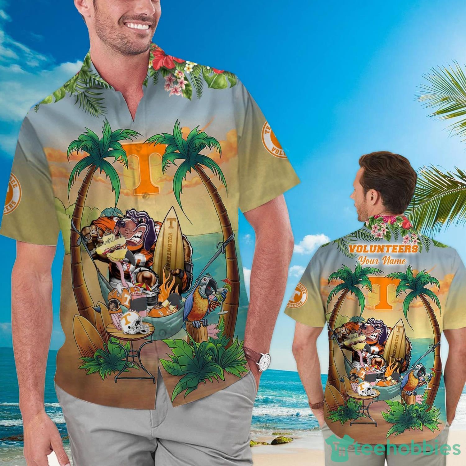 Custom Name Tennessee Volunteers With Flamingo Parrot Tropical Beach Coconut Tree Hawaiian Shirt Product Photo 1