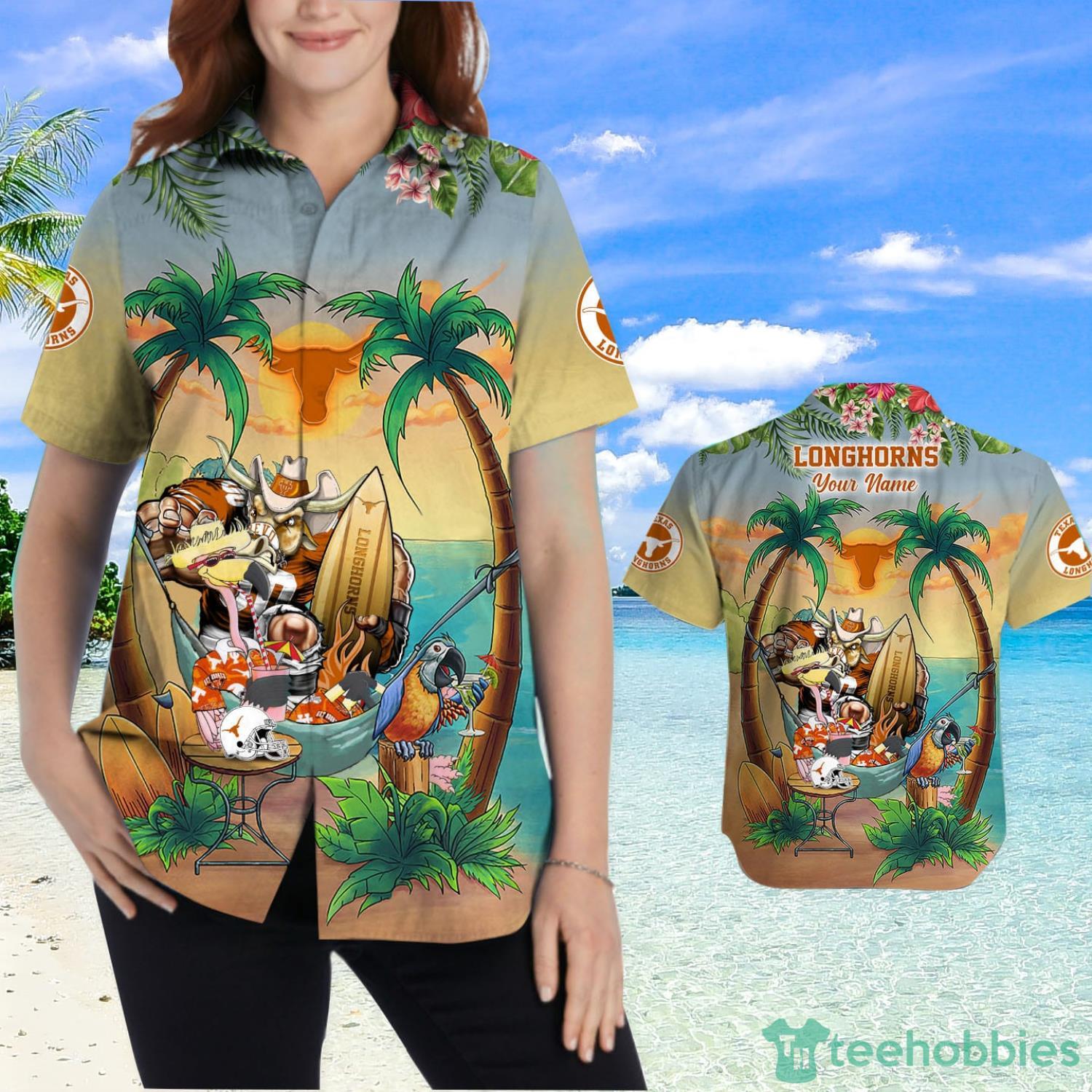 Custom Name Texas Longhorns With Flamingo Parrot Tropical Beach Coconut Tree Hawaiian Shirt Product Photo 2
