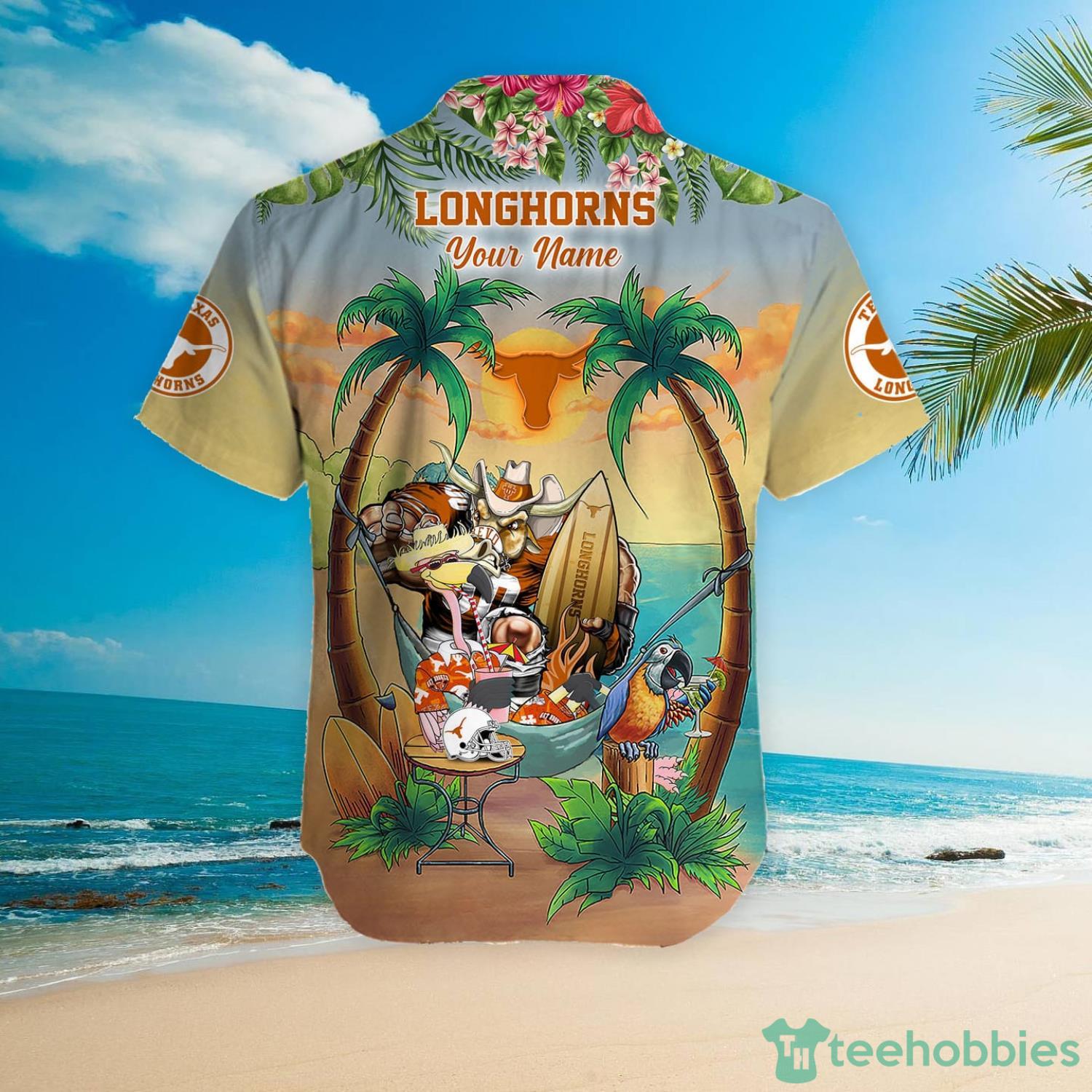 Custom Name Texas Longhorns With Flamingo Parrot Tropical Beach Coconut Tree Hawaiian Shirt Product Photo 5