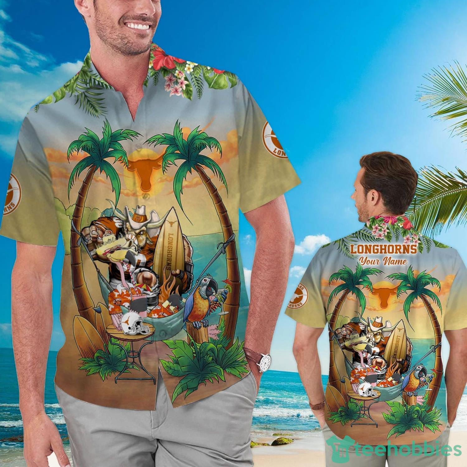 Custom Name Texas Longhorns With Flamingo Parrot Tropical Beach Coconut Tree Hawaiian Shirt Product Photo 1