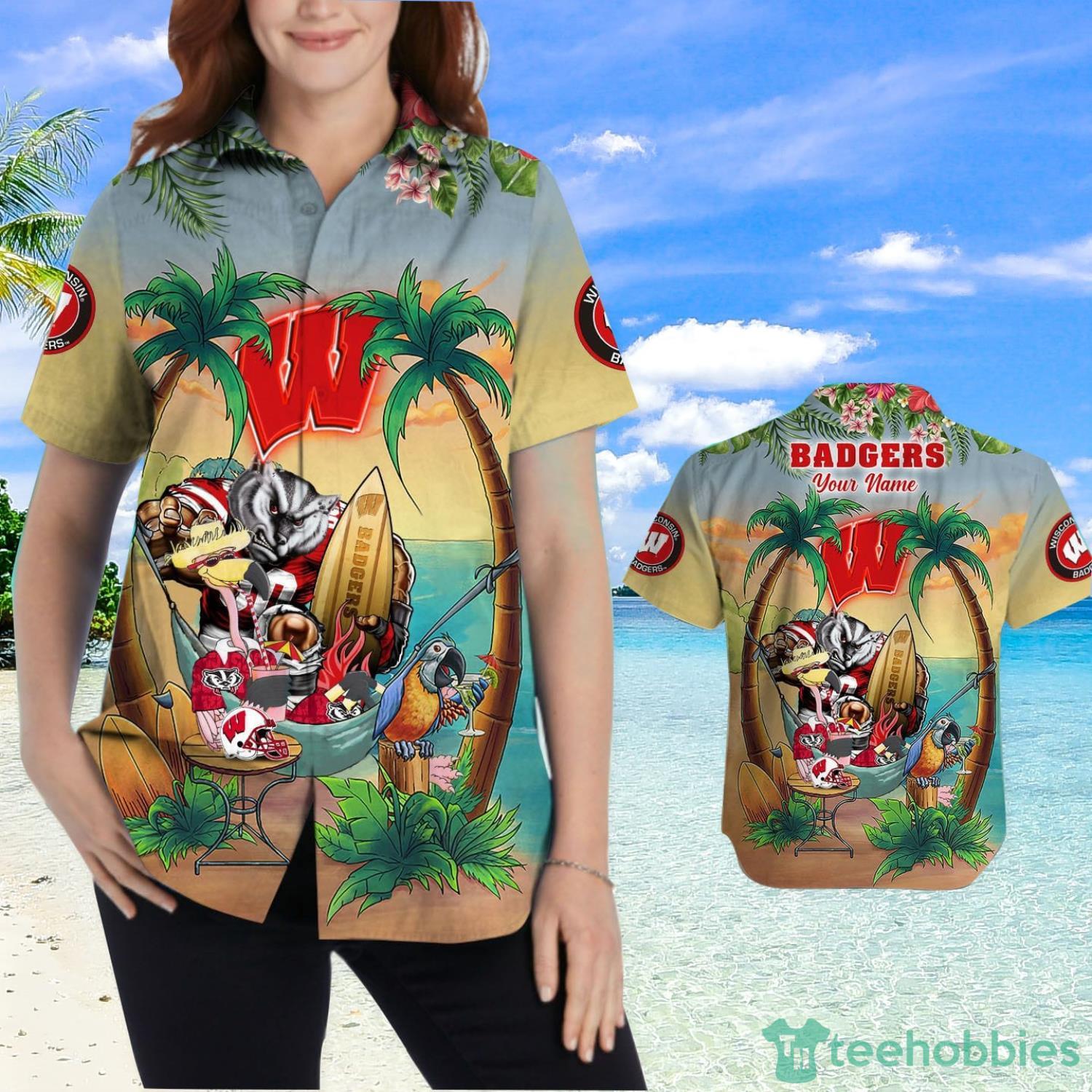Custom Name Wisconsin Badgers With Flamingo Parrot Tropical Beach Coconut Tree Hawaiian Shirt Product Photo 2