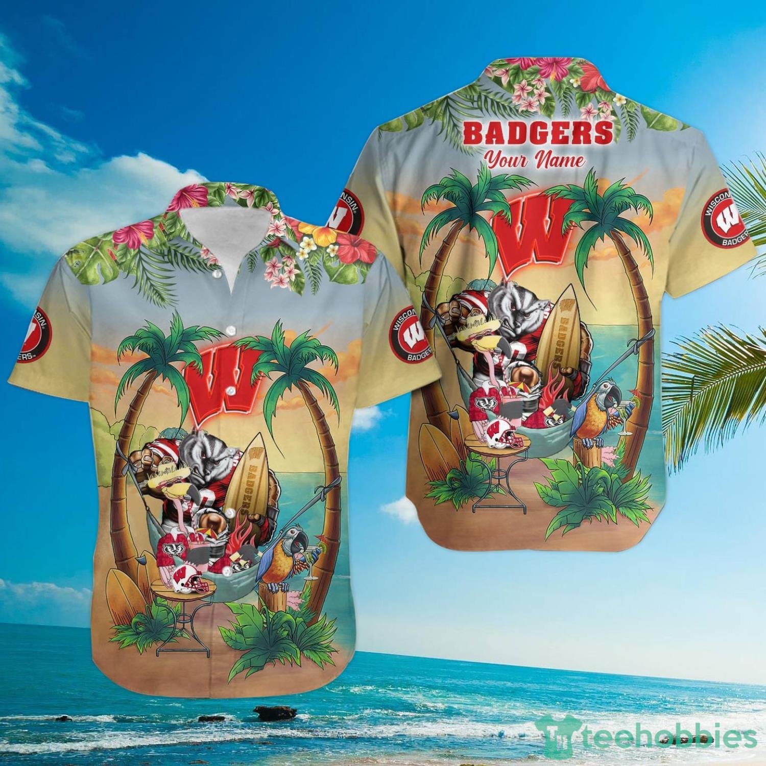 Custom Name Wisconsin Badgers With Flamingo Parrot Tropical Beach Coconut Tree Hawaiian Shirt Product Photo 3