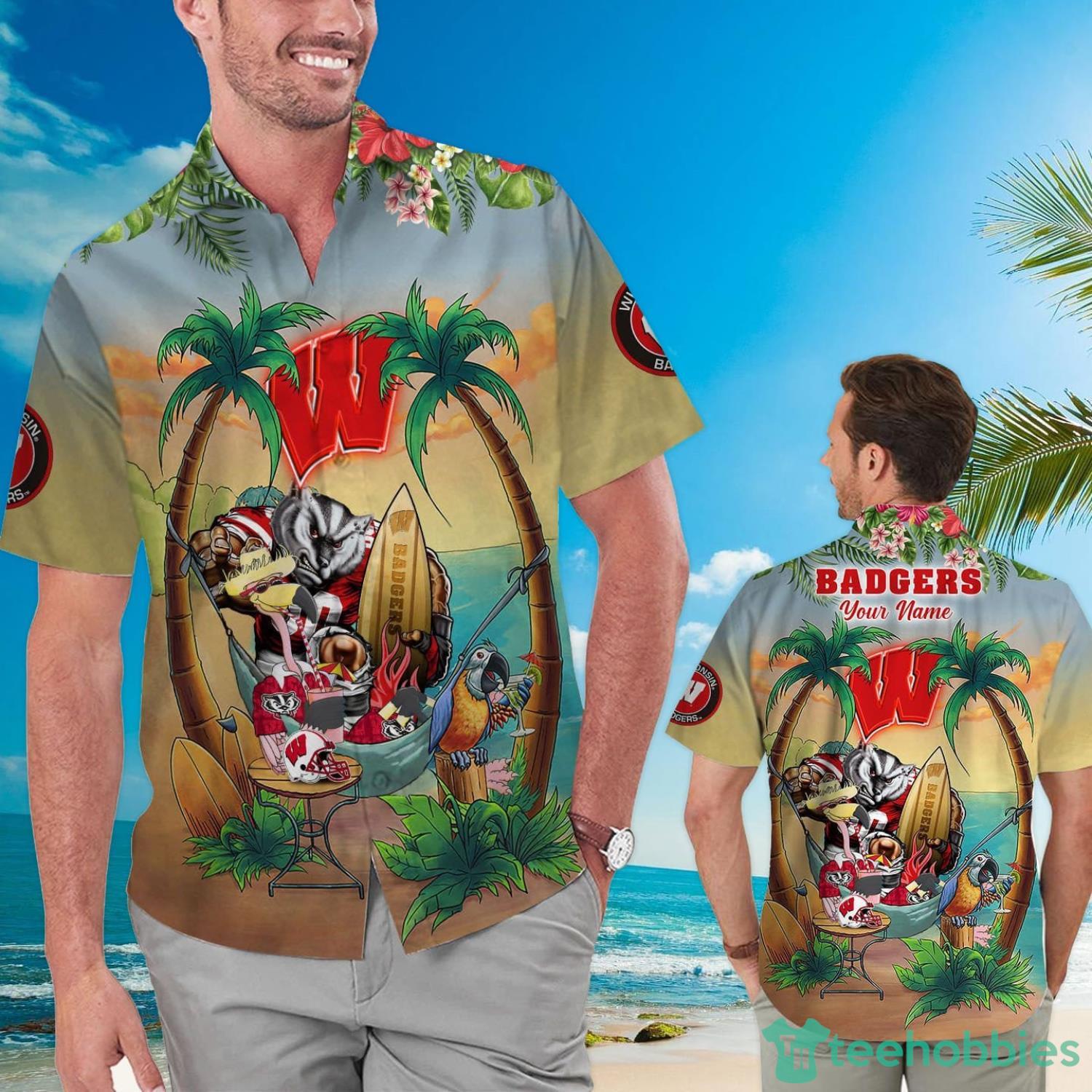 Custom Name Wisconsin Badgers With Flamingo Parrot Tropical Beach Coconut Tree Hawaiian Shirt Product Photo 1
